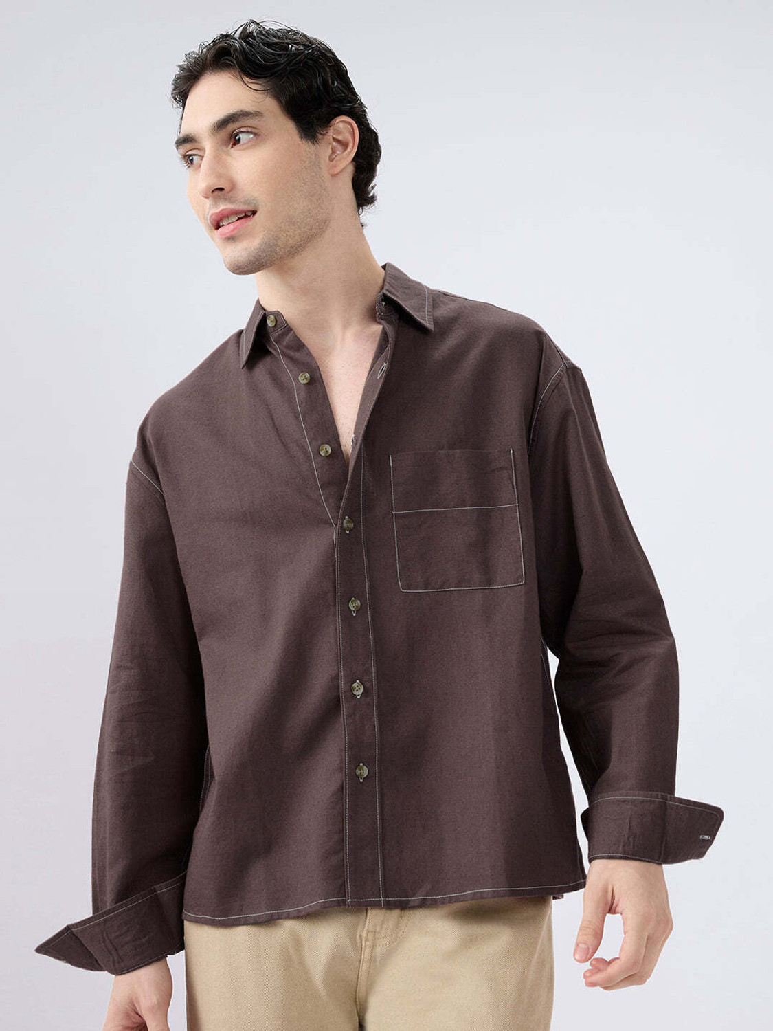 Image of VASTRADO Men Solid Casual Brown Shirt