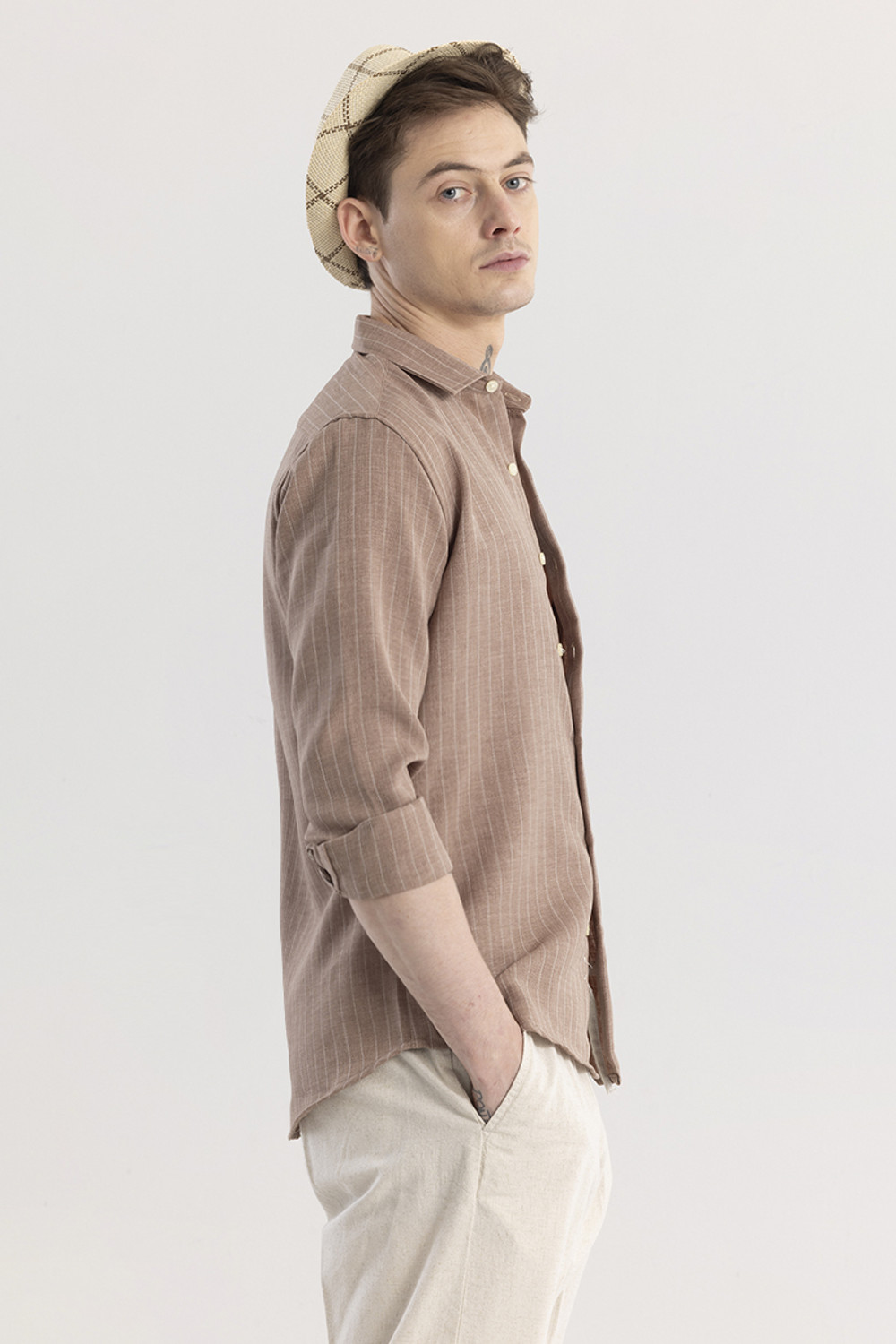 Image of Snitch Men Striped Casual Brown Shirt