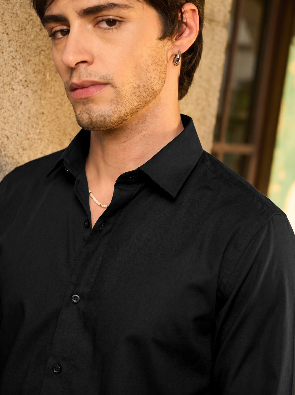 Image of VELLOSTA Men Solid Casual Black Shirt