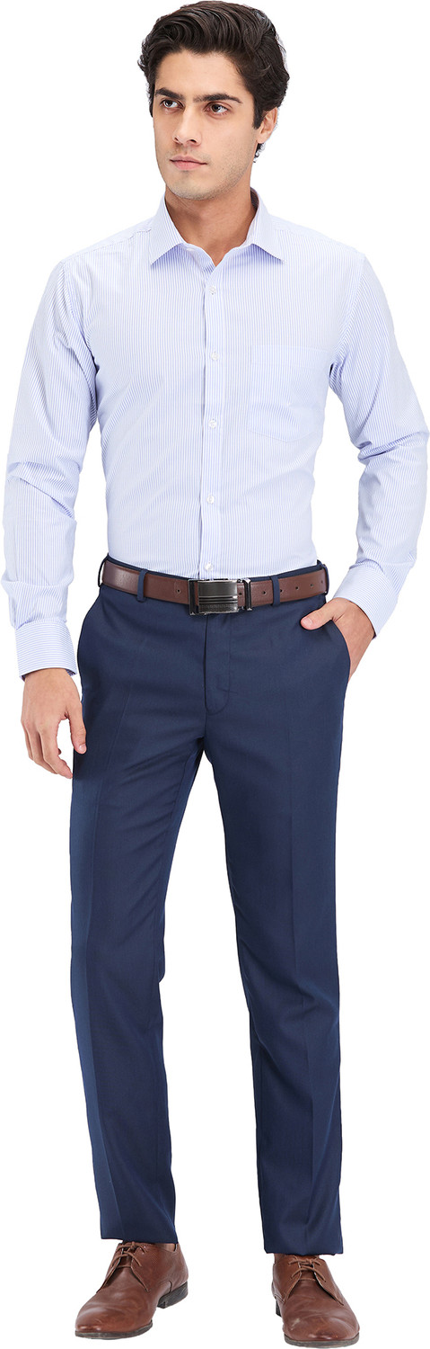 Image of PARK AVENUE Men Striped Formal Blue Shirt