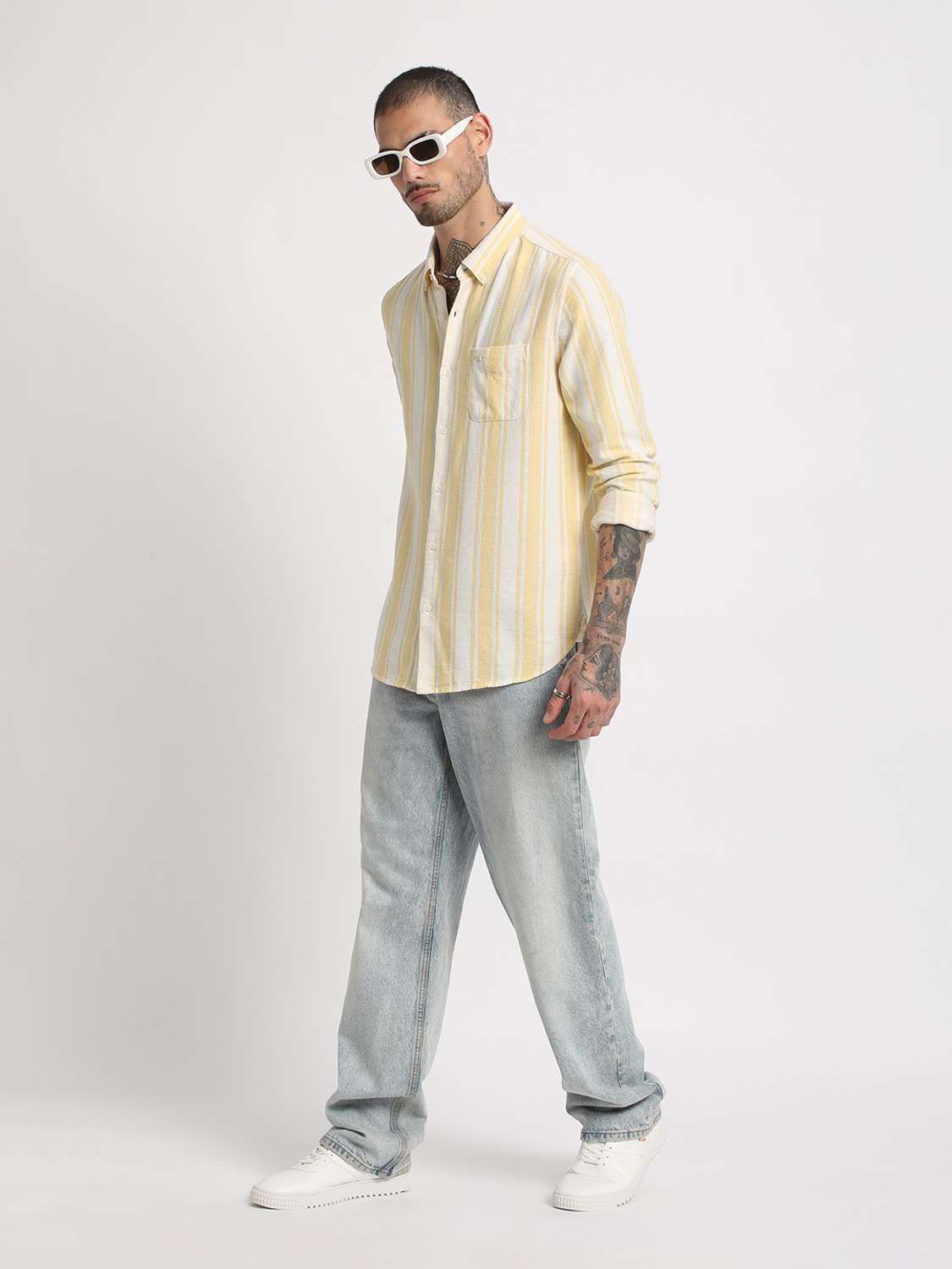 Image of THE BEAR HOUSE Men Striped Casual Yellow, White Shirt
