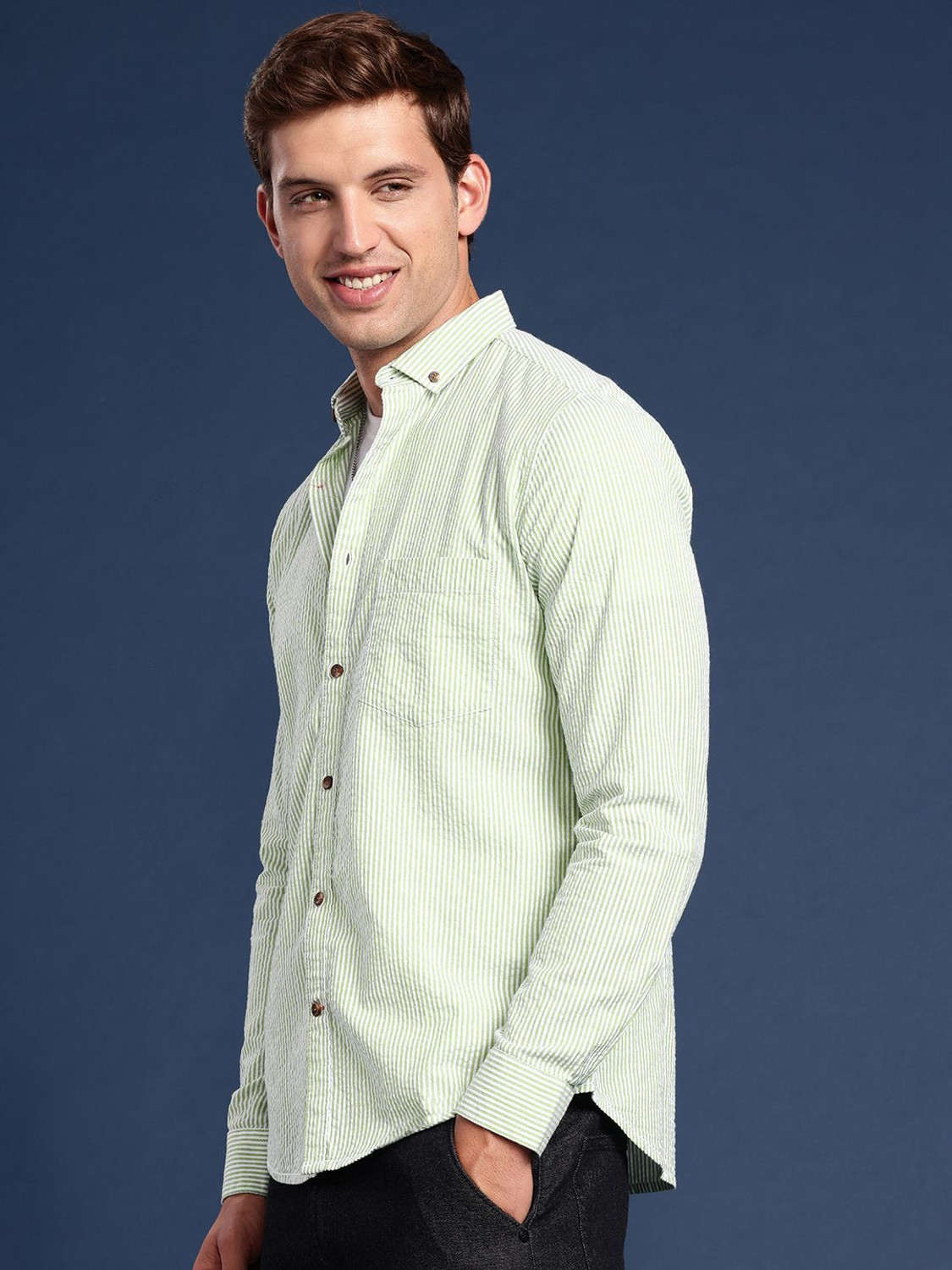 Image of Mast & Harbour Men Striped Casual Green Shirt