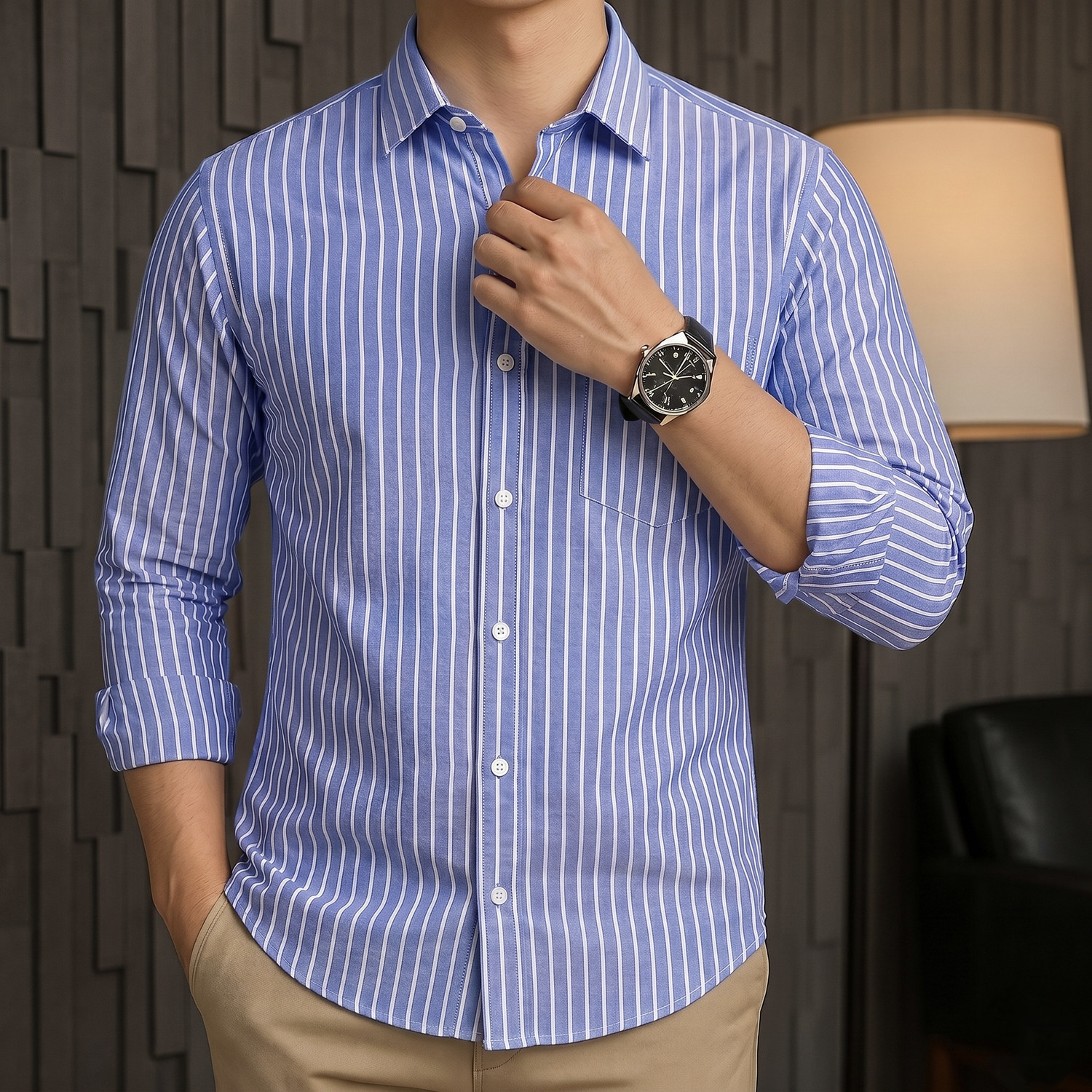 Image of indossare Men Regular Fit Striped Spread Collar Formal Shirt