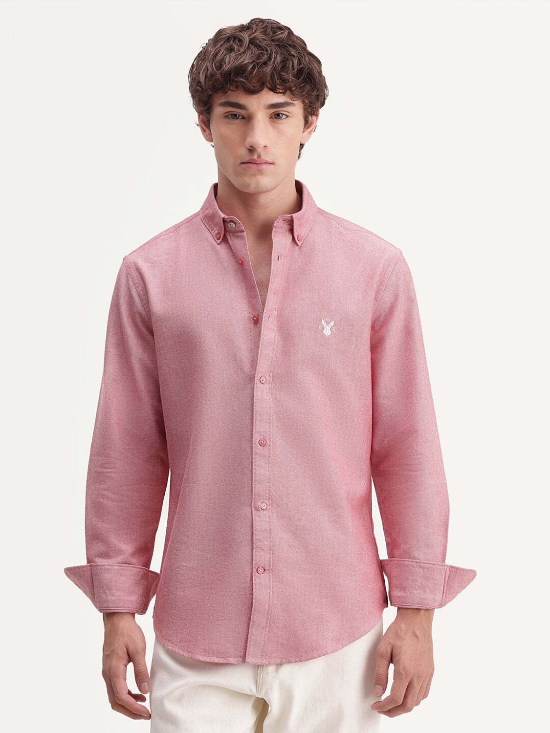 Image of RARE RABBIT Men Solid Casual Pink Shirt