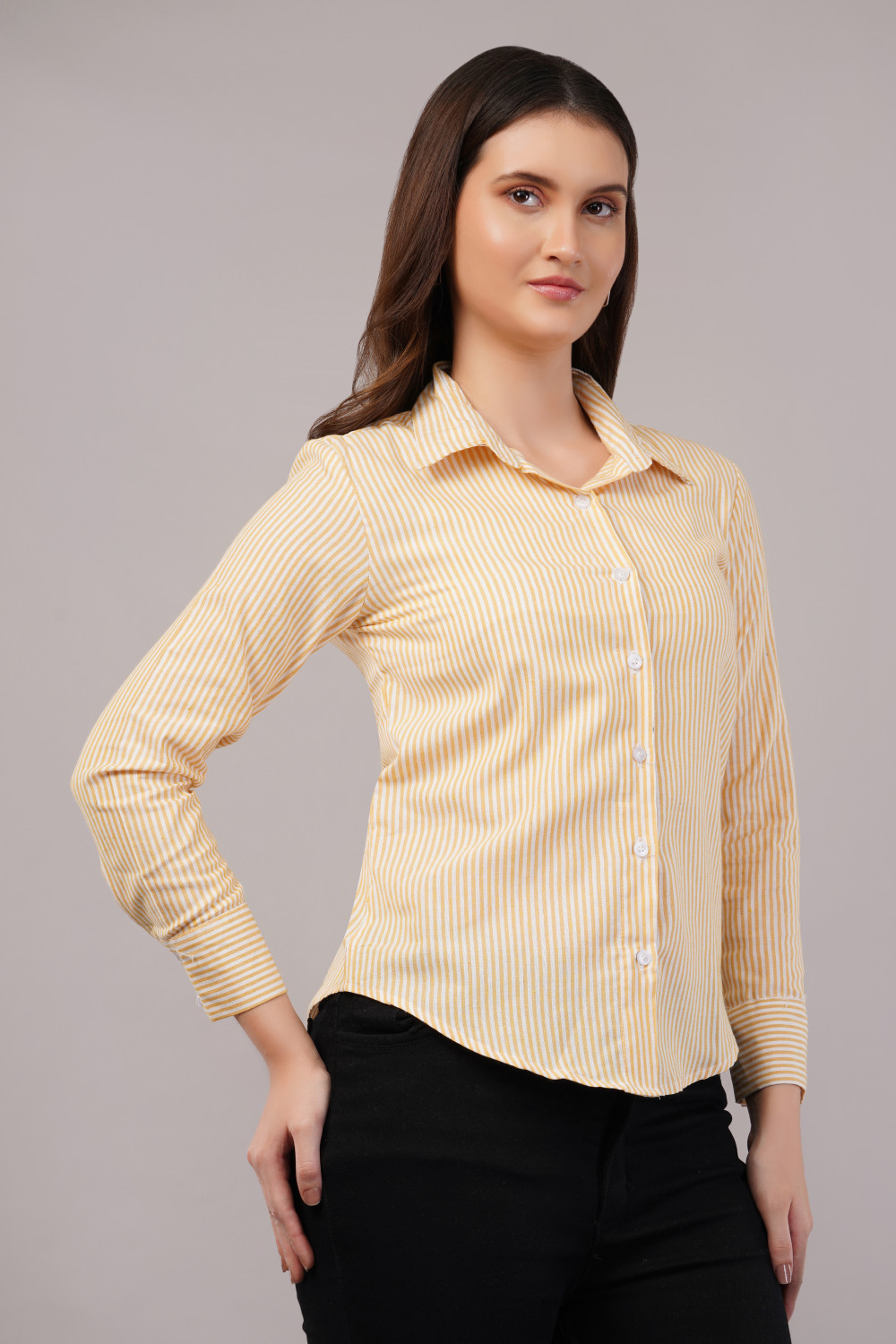 Image of EVERSOFT FLOW Women Striped Casual Yellow Shirt