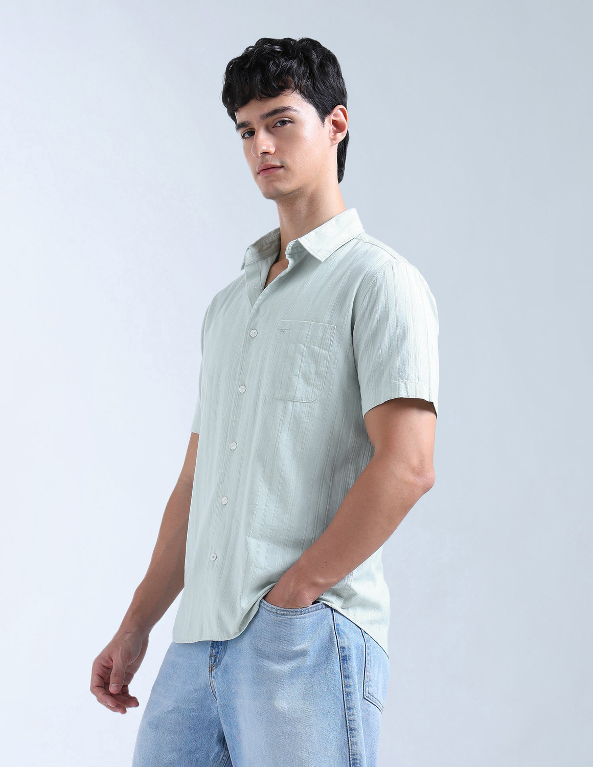 Image of FLYING MACHINE Men Self Design Casual Green Shirt