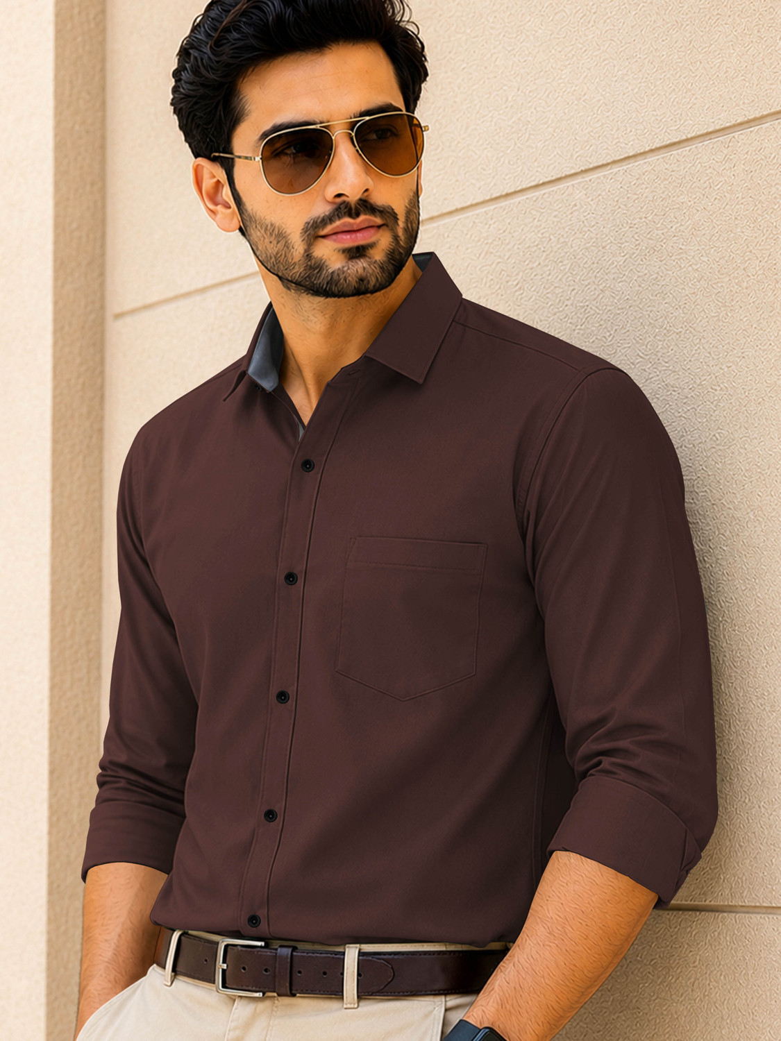 Image of VeBNoR Men Solid Formal Brown Shirt