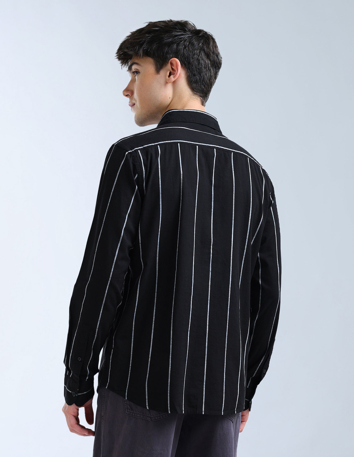 Image of FLYING MACHINE Men Striped Casual Black Shirt