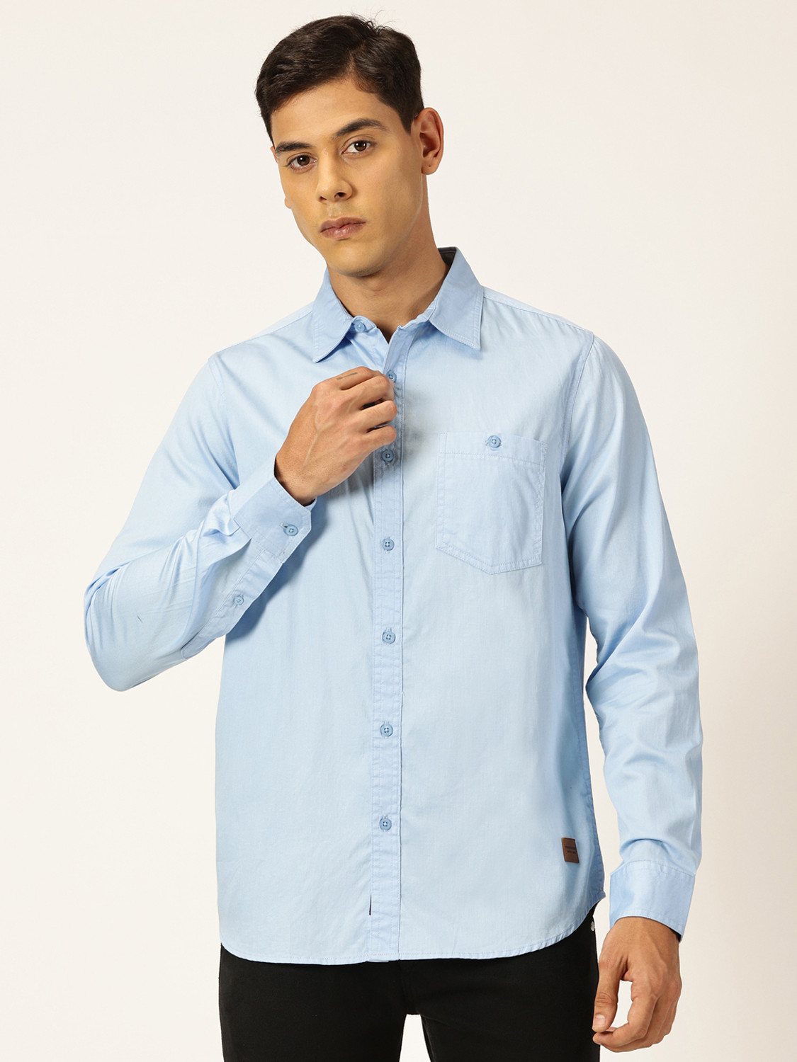 Image of PROVOGUE Men Solid Casual Blue Shirt