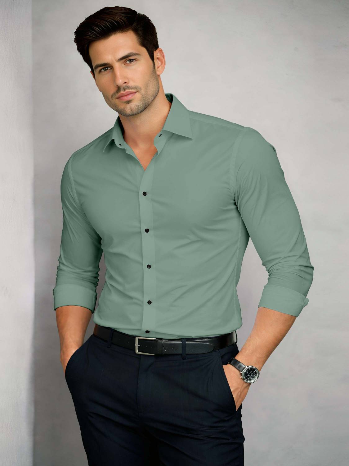 AARKENNA CO Men Solid Formal Green Shirt