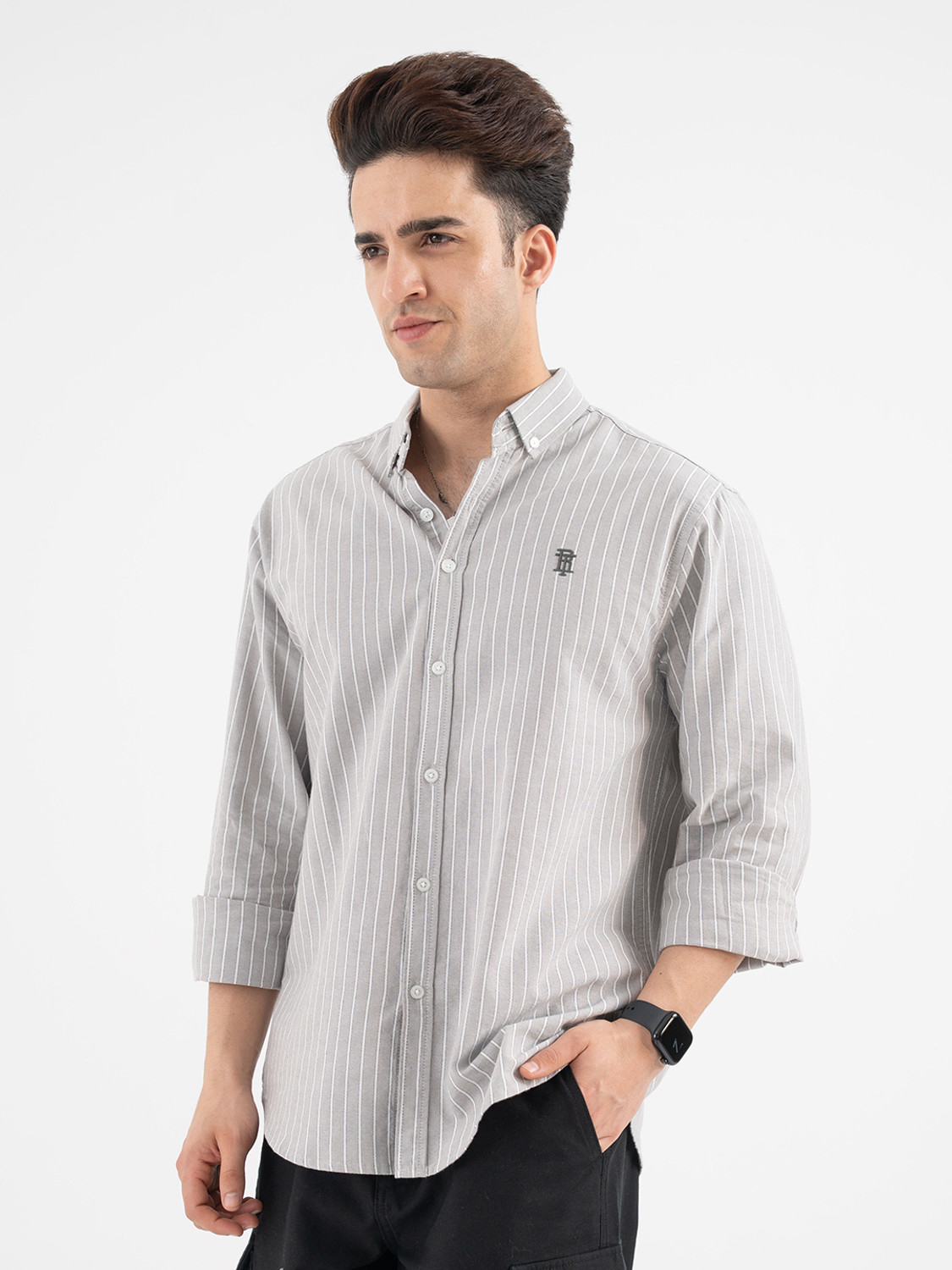 Image of RED TAPE Men Striped Casual Grey Shirt