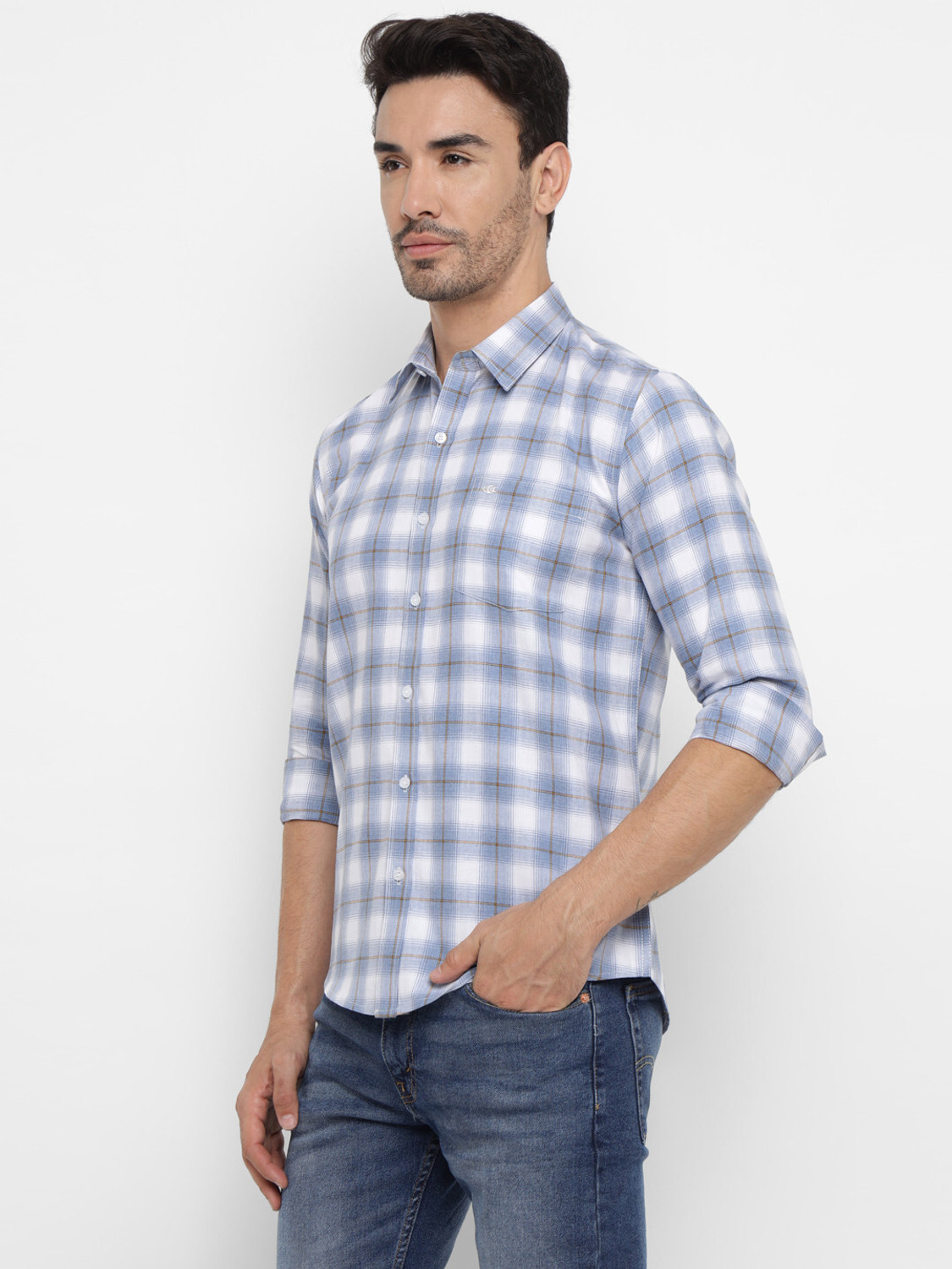 Image of Allen Cooper Men Checkered Casual Blue, White Shirt