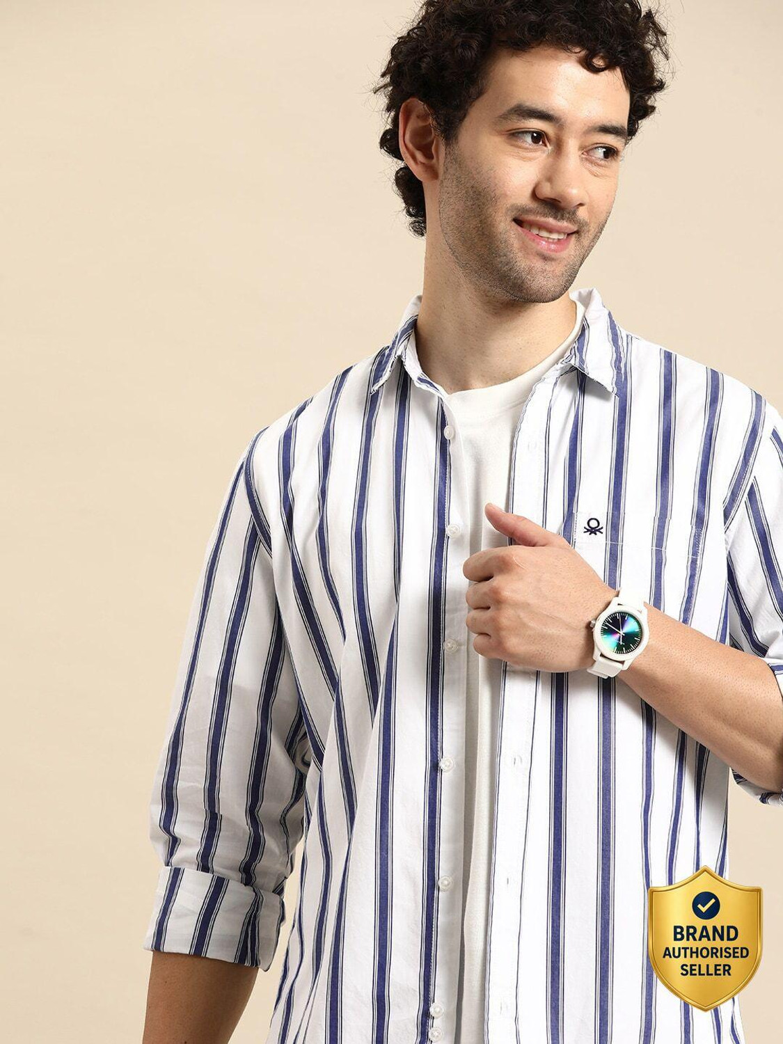 United Colors of Benetton Men Striped Casual White Shirt