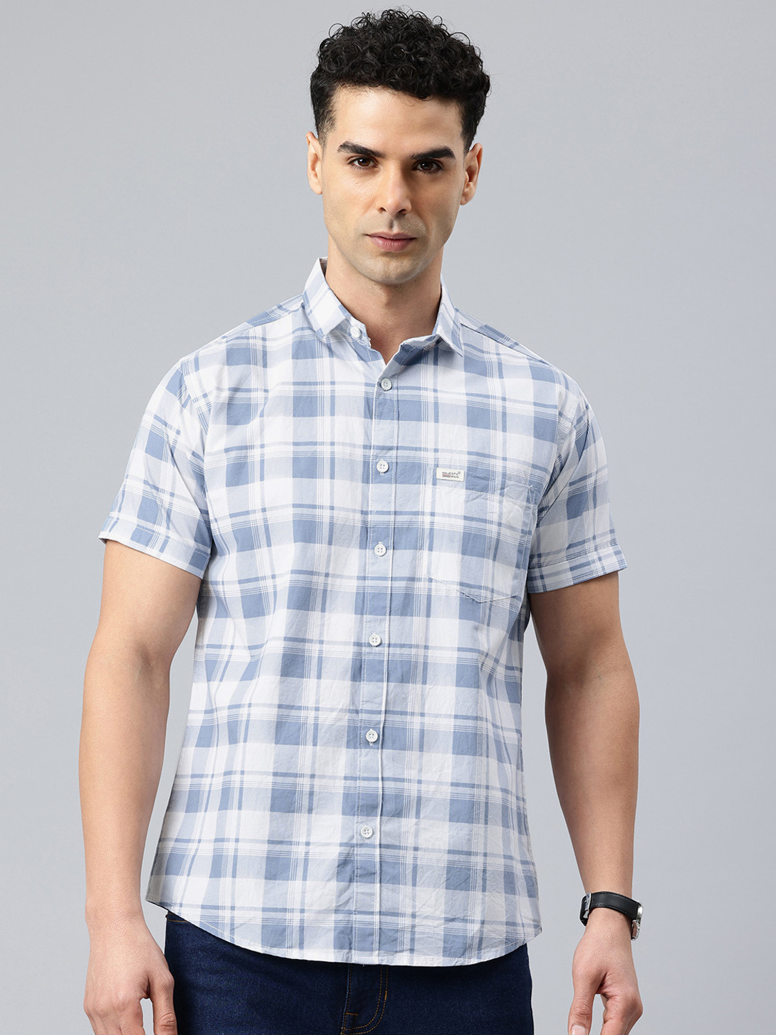 Image of Majestic Man Men Checkered Casual Blue Shirt