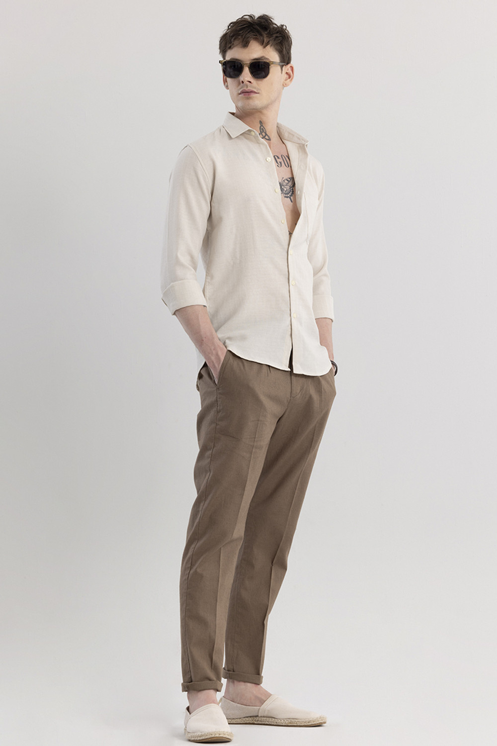 Image of Snitch Men Solid Casual Beige Shirt