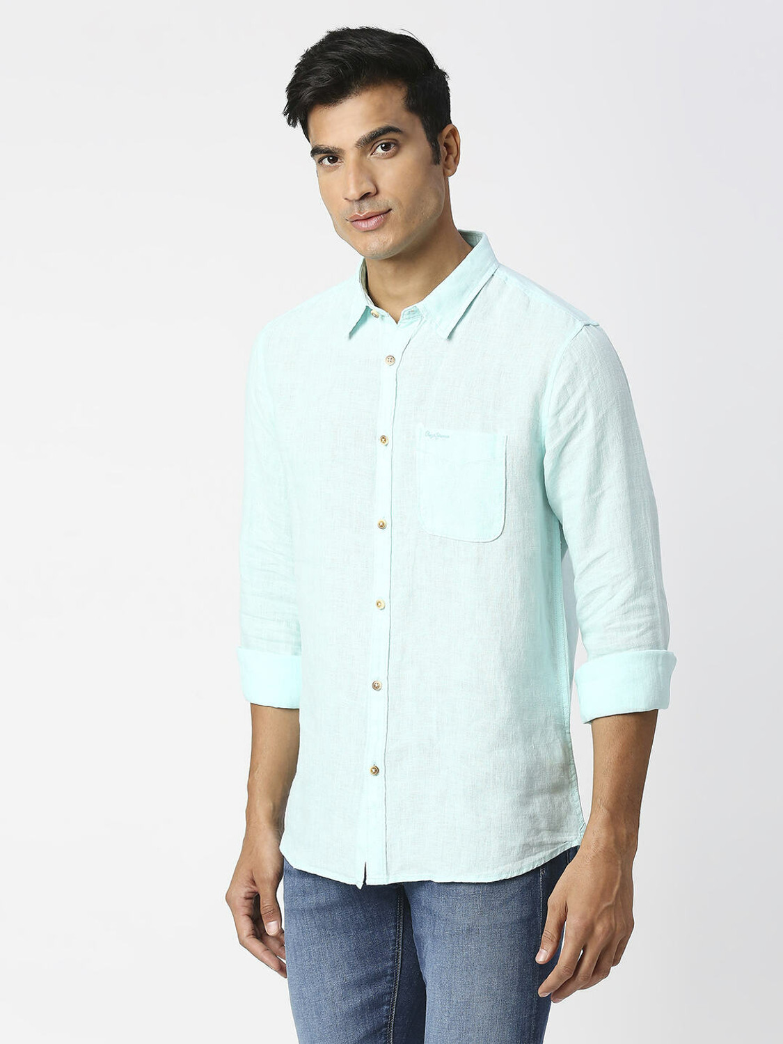 Image of Pepe Jeans Men Solid Casual Blue Shirt