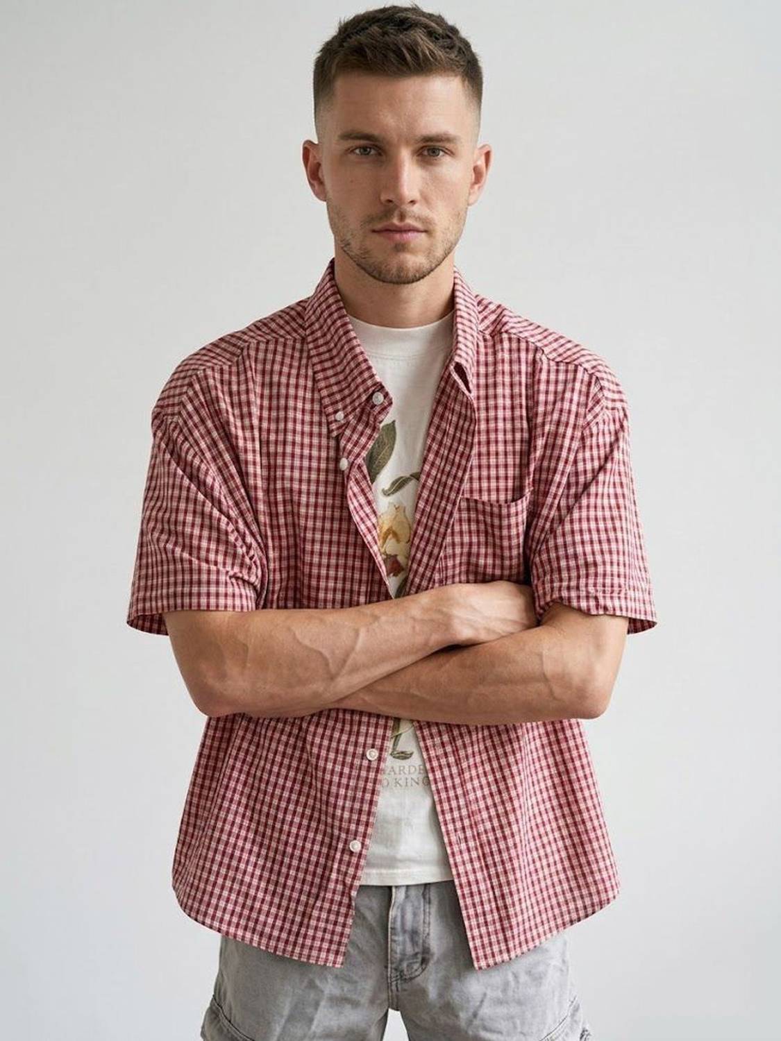 Suo Men Checkered Casual Red Shirt