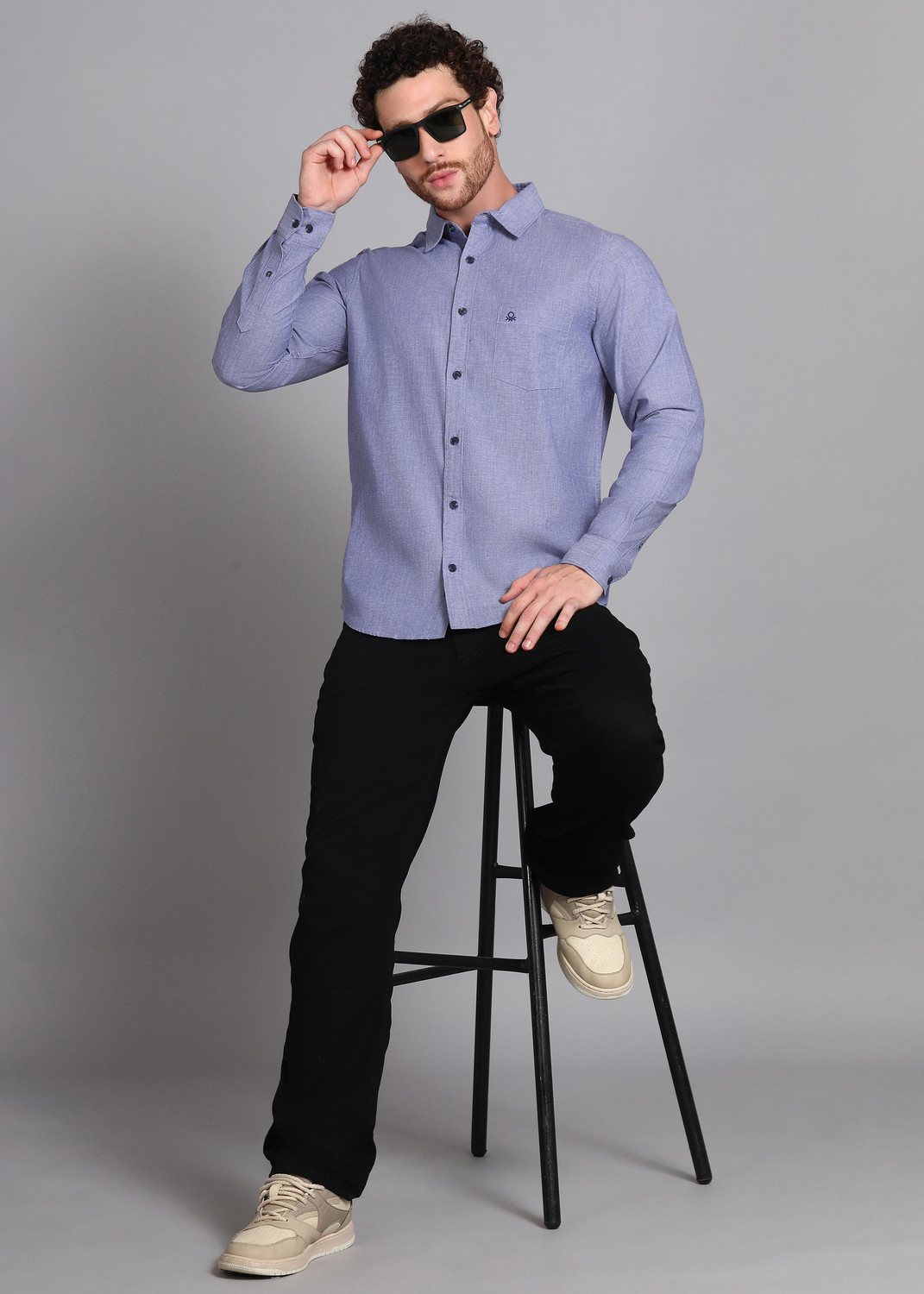 Image of United Colors of Benetton Men Solid Casual Blue Shirt