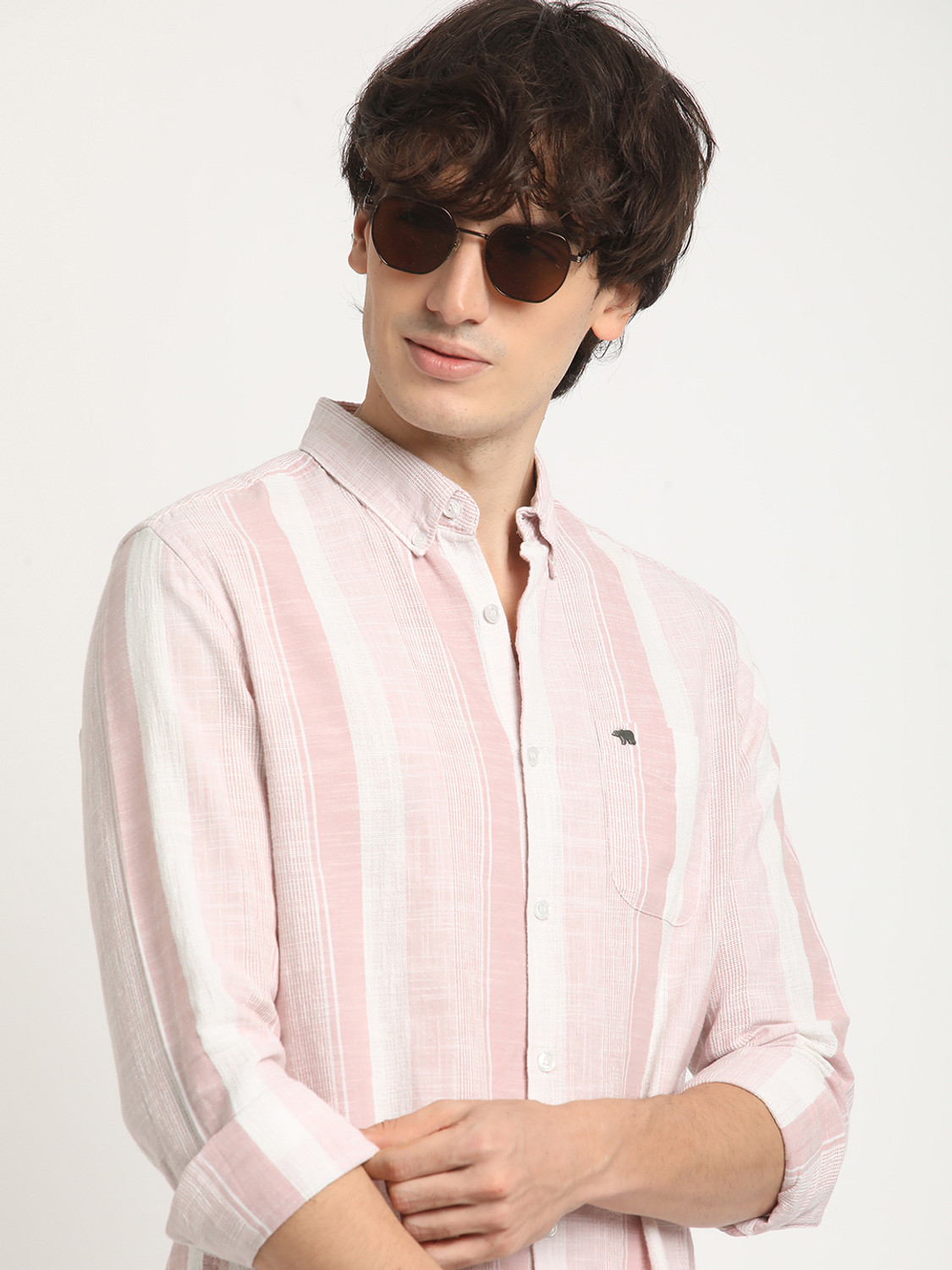 Image of THE BEAR HOUSE Men Striped Casual Pink Shirt