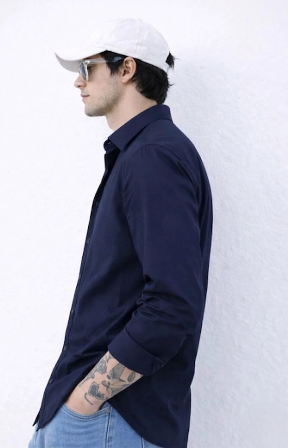 Image of Lycka Men Solid Casual Dark Blue Shirt