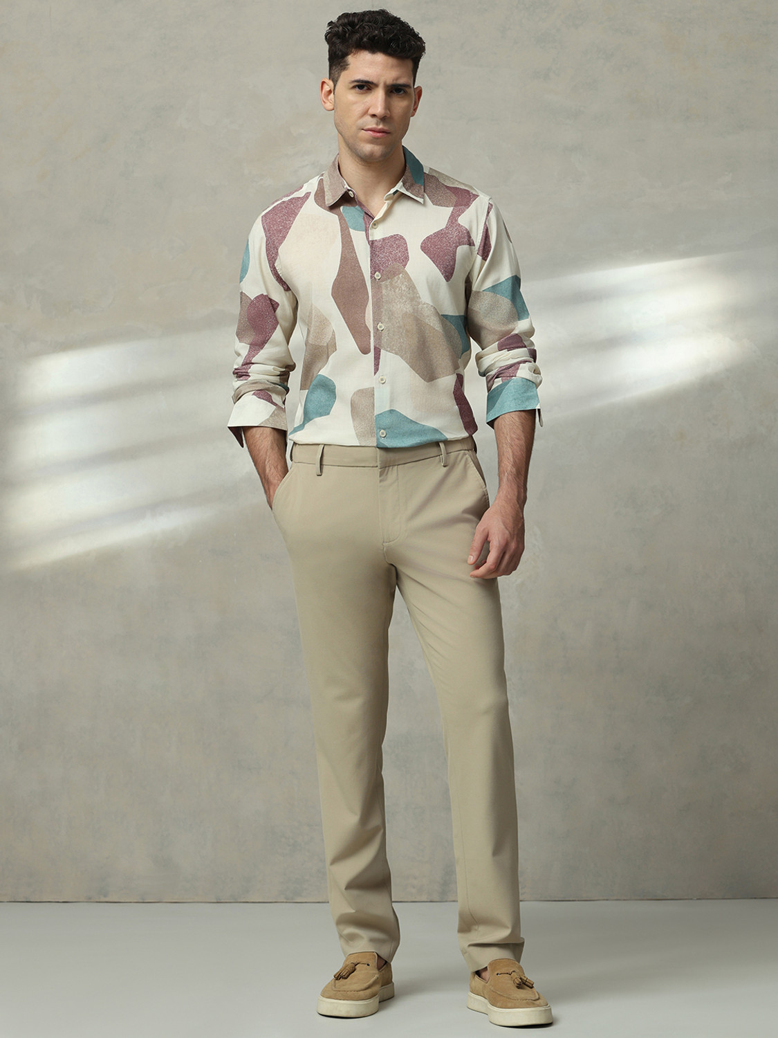 Image of MUFTI Men Printed Casual Cream Shirt