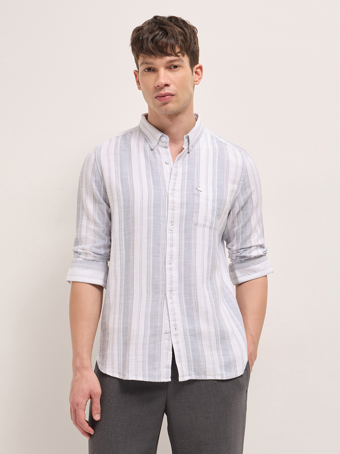 Image of THE BEAR HOUSE Men Striped Casual White Shirt