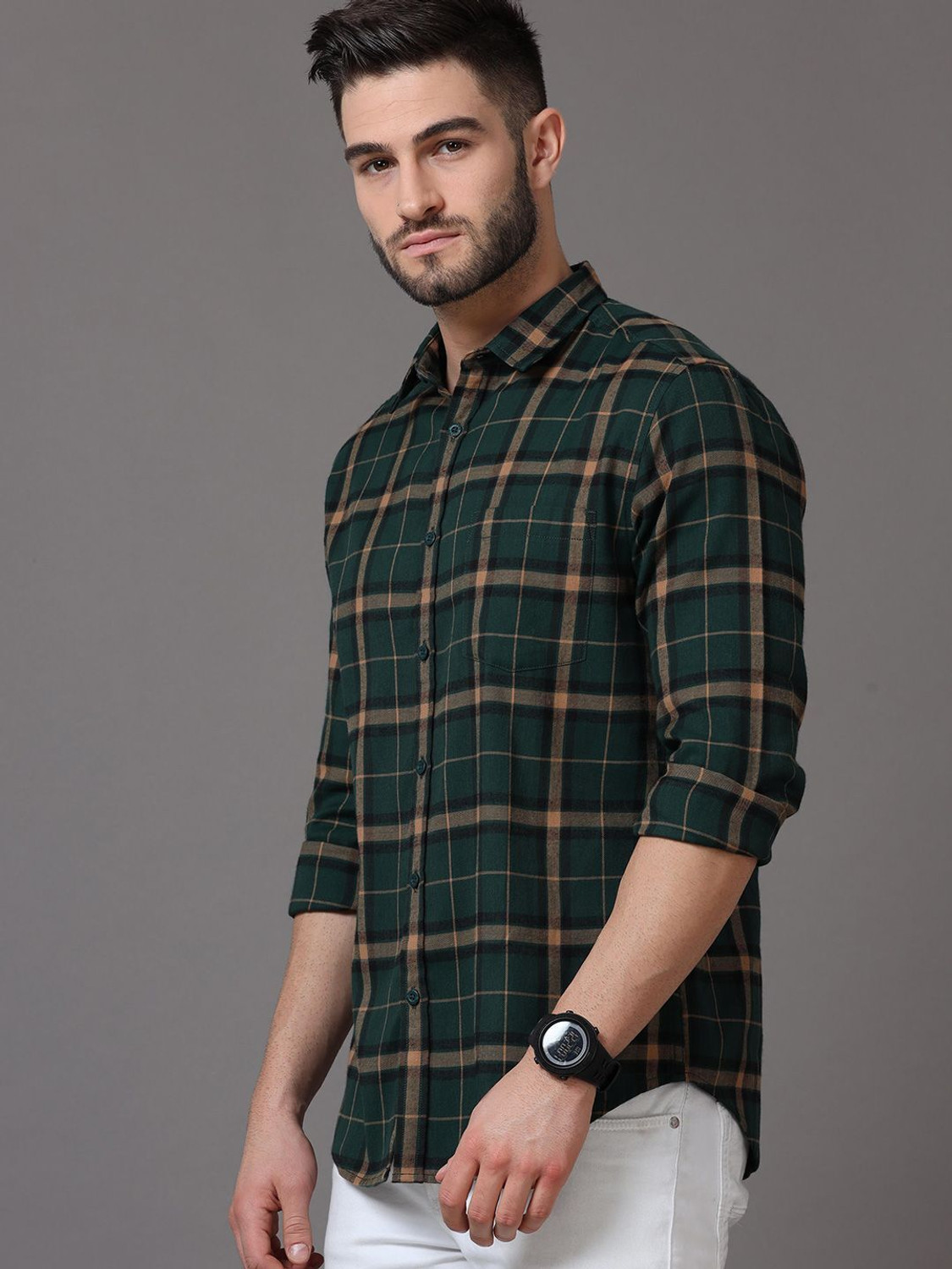 Image of HERE&NOW Men Checkered Casual Green Shirt