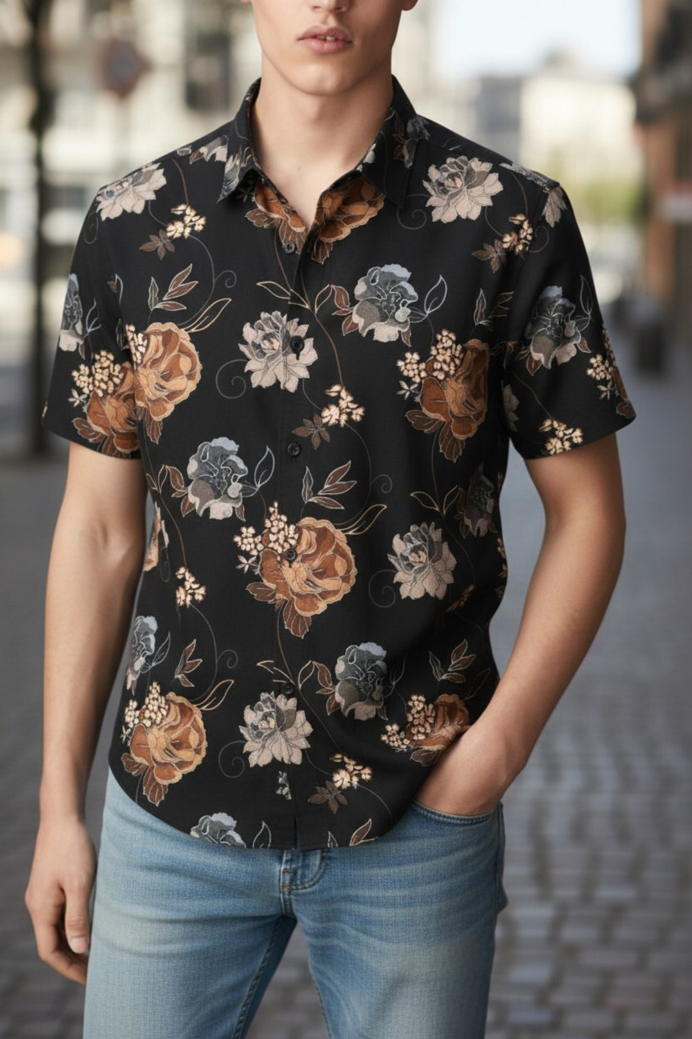 Image of FUBACK Men Relaxed Fit Floral Print Spread Collar Casual Shirt