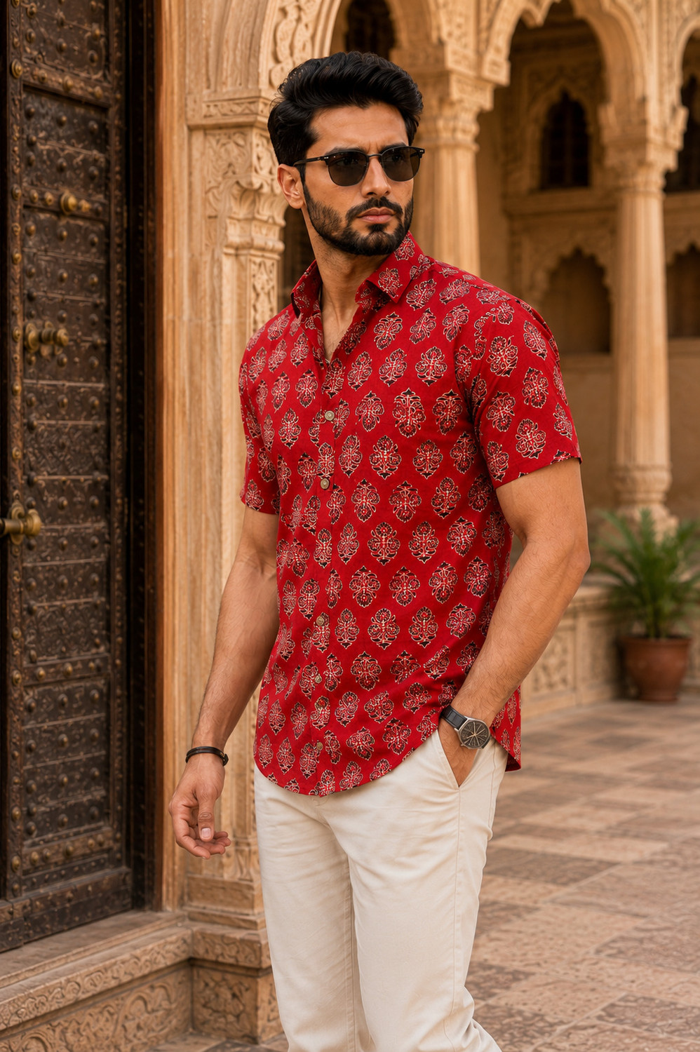 Image of JAIPUR RAJWADA Men Printed Casual Red Shirt