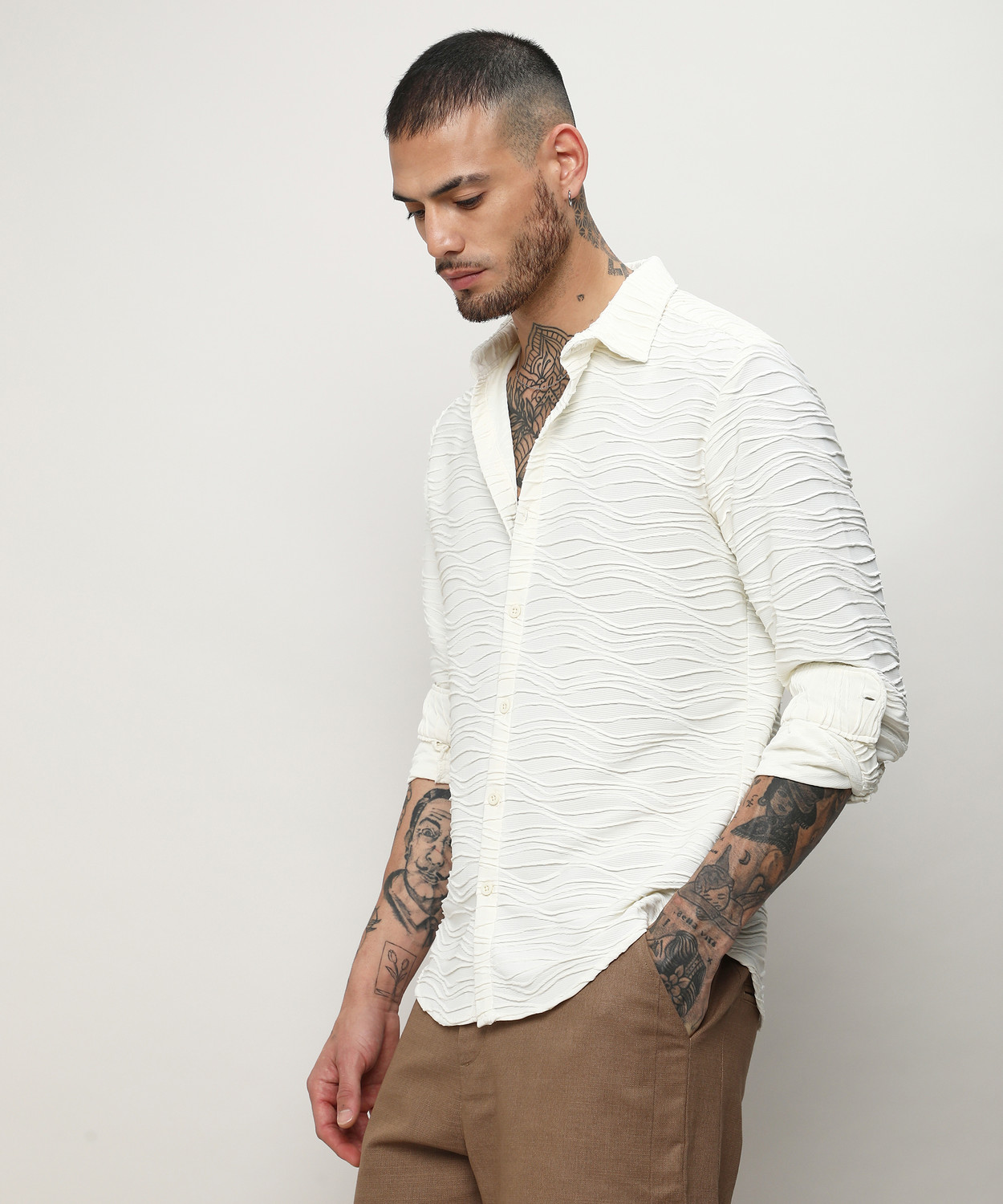 Image of CAHOOT Men Self Design Casual White Shirt