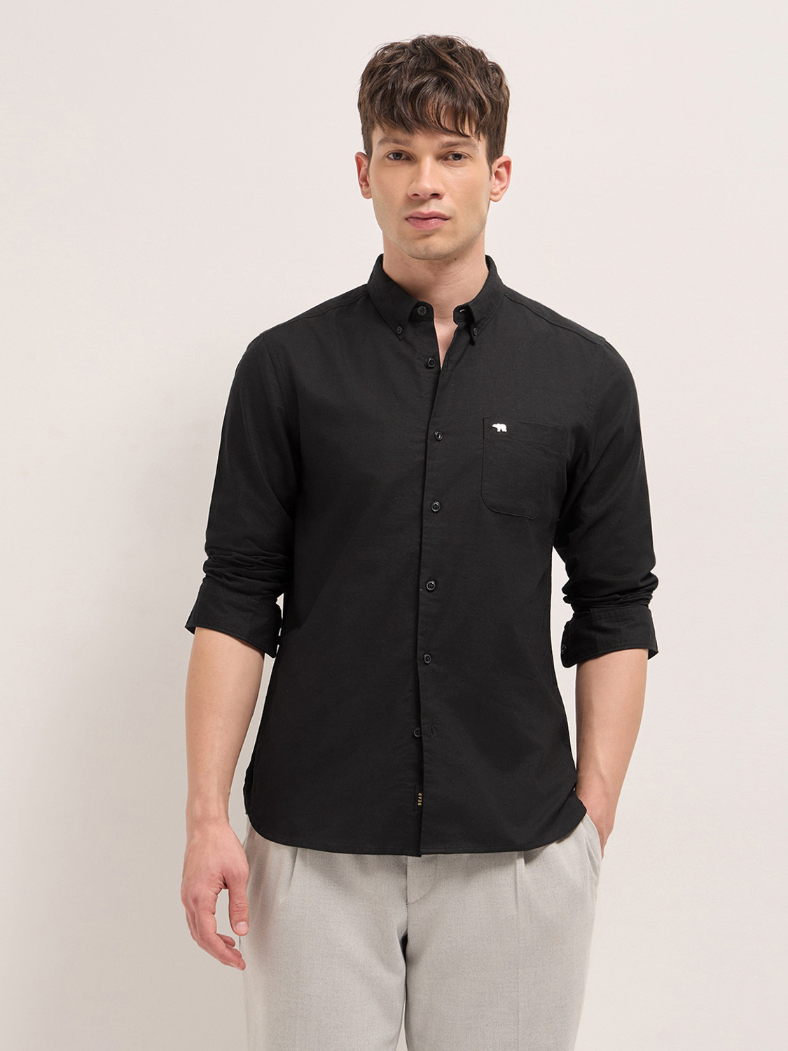 Image of THE BEAR HOUSE Men Solid Casual Black Shirt