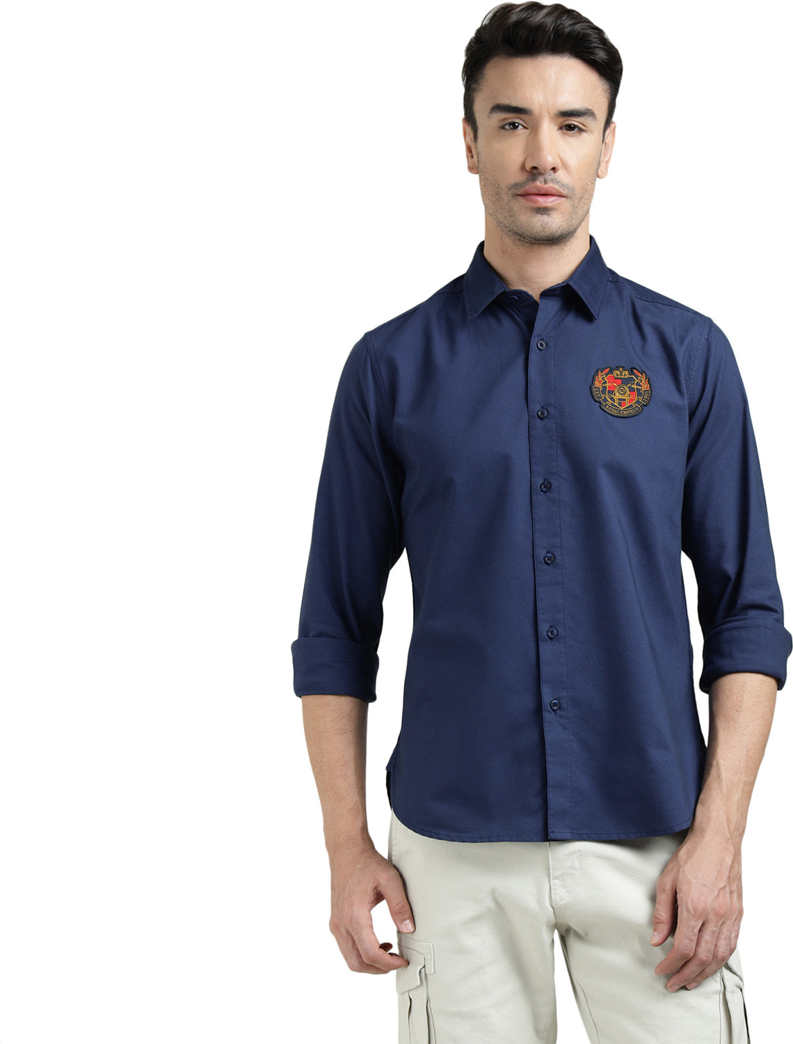 Image of ROYAL ENFIELD Men Solid Casual Dark Blue Shirt