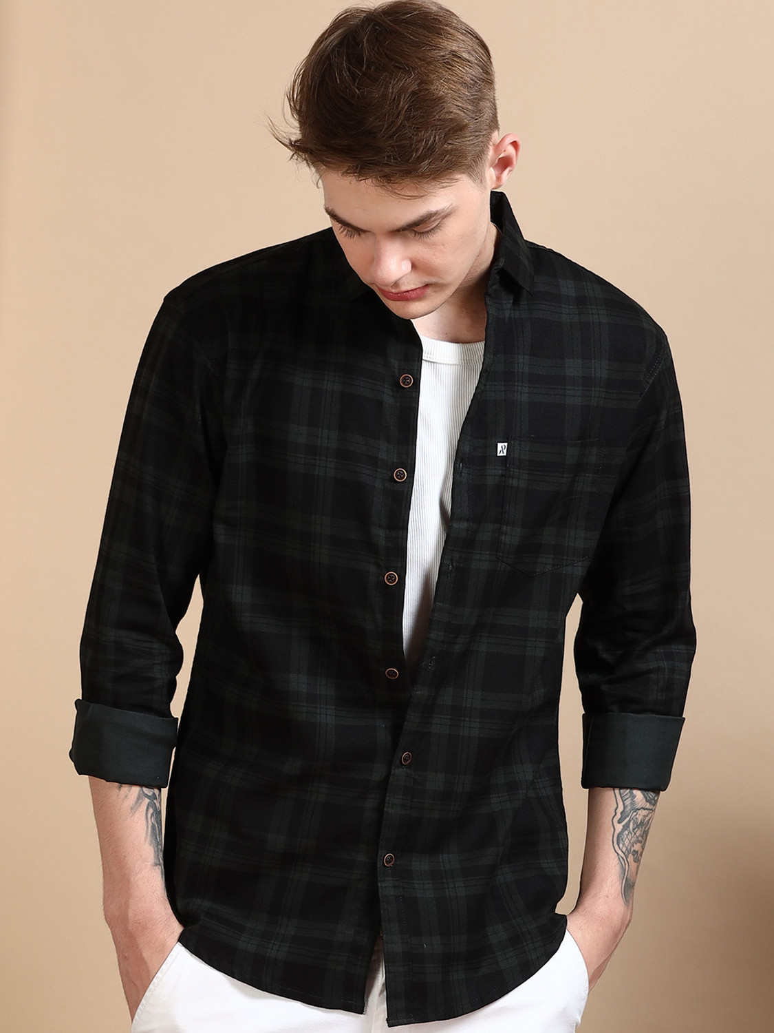 Image of ALLWIN PAUL Men Checkered Casual Black Shirt