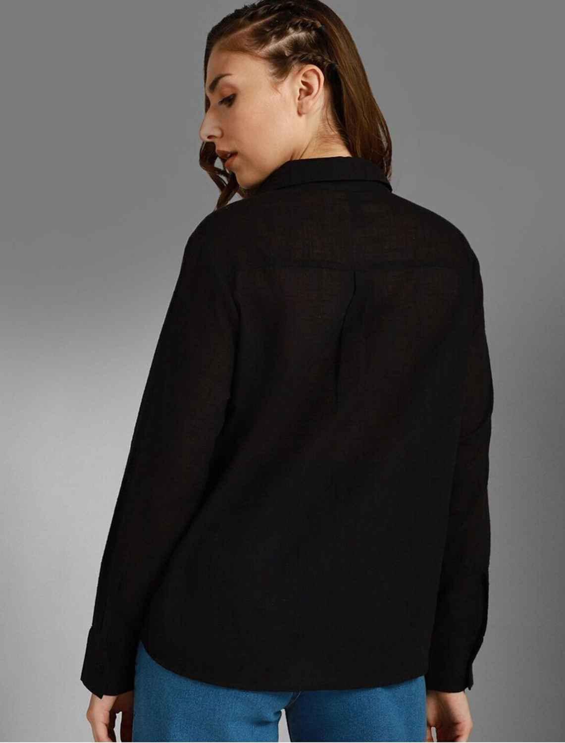 Image of SAARSHE Women Solid Casual Black Shirt