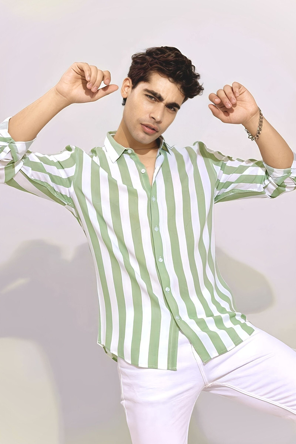 Image of Surhi Men Striped Casual Light Green Shirt
