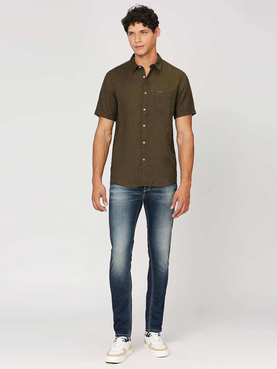 Image of Pepe Jeans Men Self Design Casual Dark Green Shirt