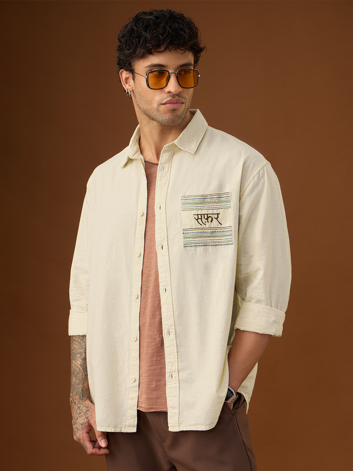Image of The Souled Store Men Solid Casual Beige Shirt