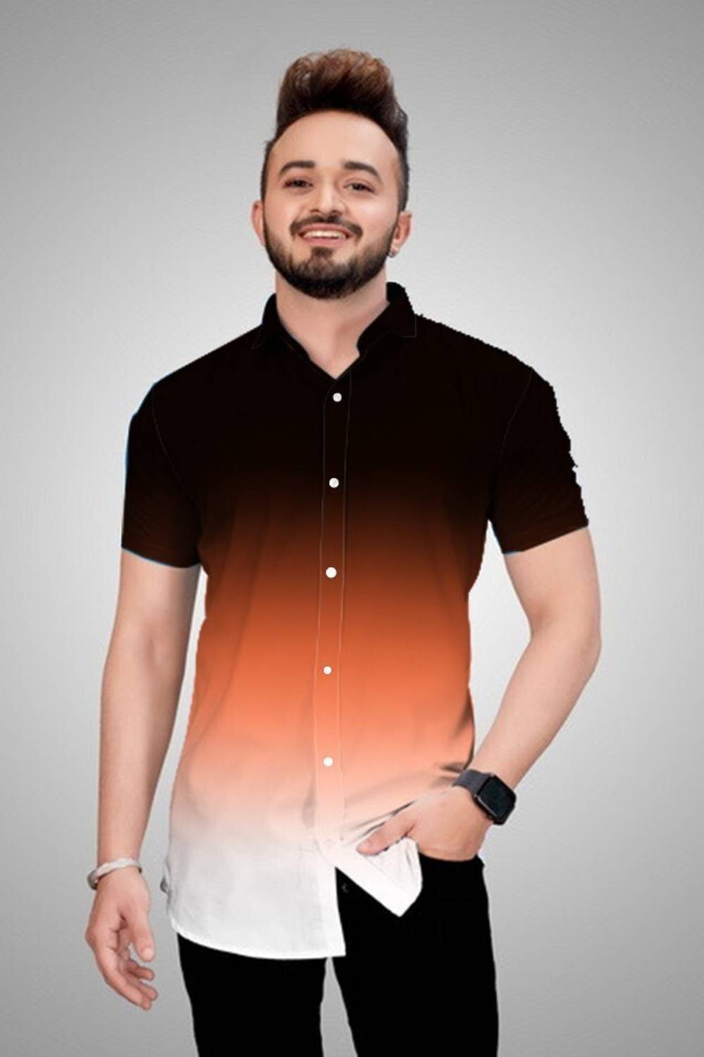 Silver Buck Men Dyed/Ombre Casual White, Black, Orange Shirt
