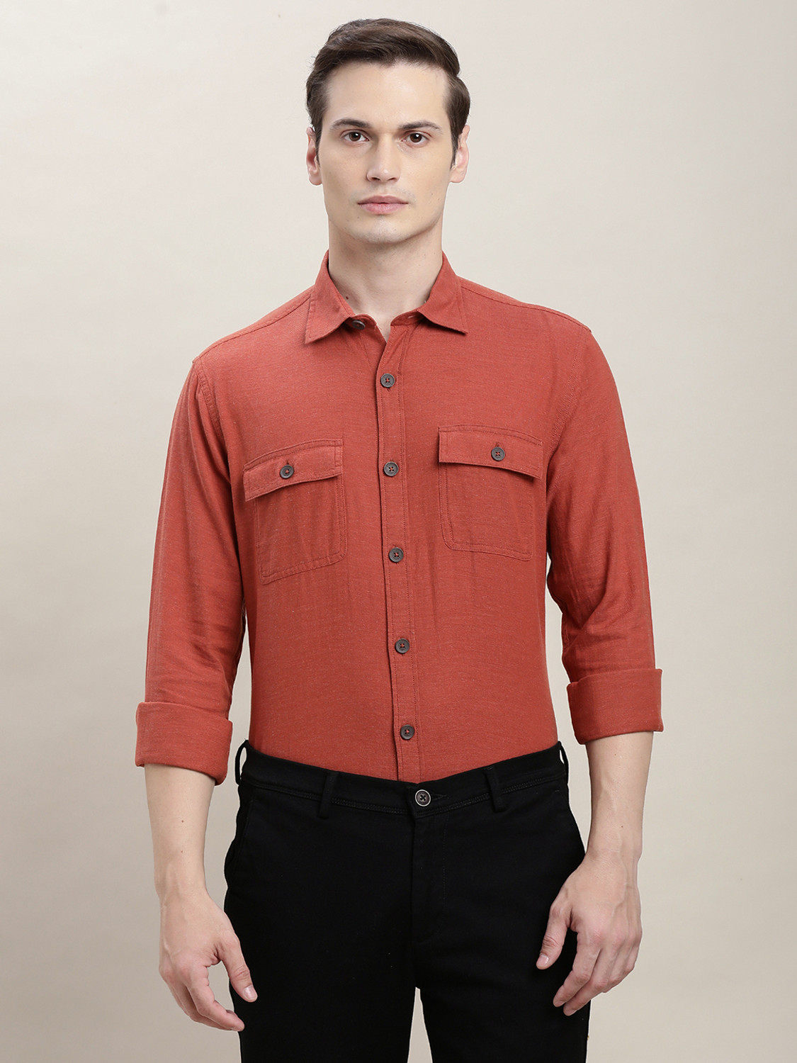 Image of TURTLE Men Solid Casual Orange Shirt