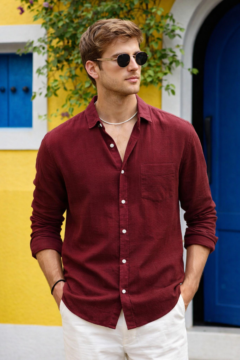 Image of HERE&NOW Men Solid Formal Maroon Shirt