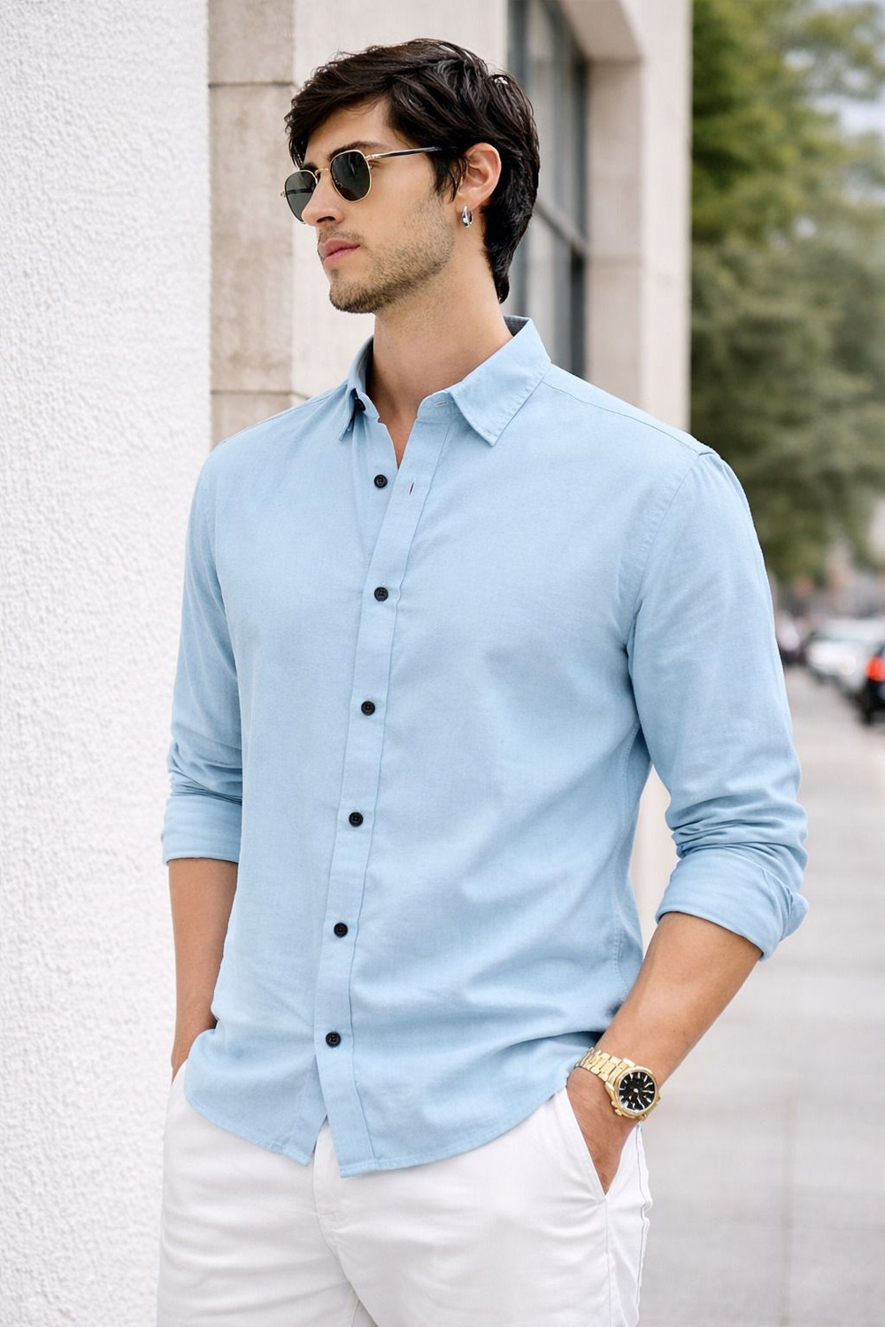 Image of luxiva Men Solid Casual Light Blue Shirt