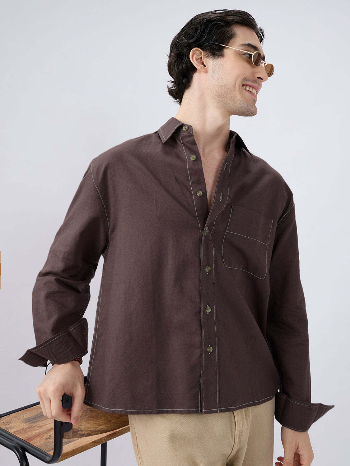 Image of VASTRADO Men Solid Casual Brown Shirt
