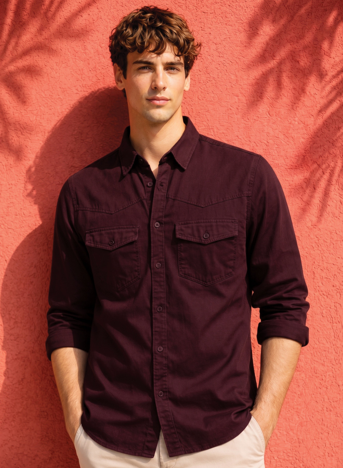 Image of ADRO Men Solid Casual Maroon Shirt