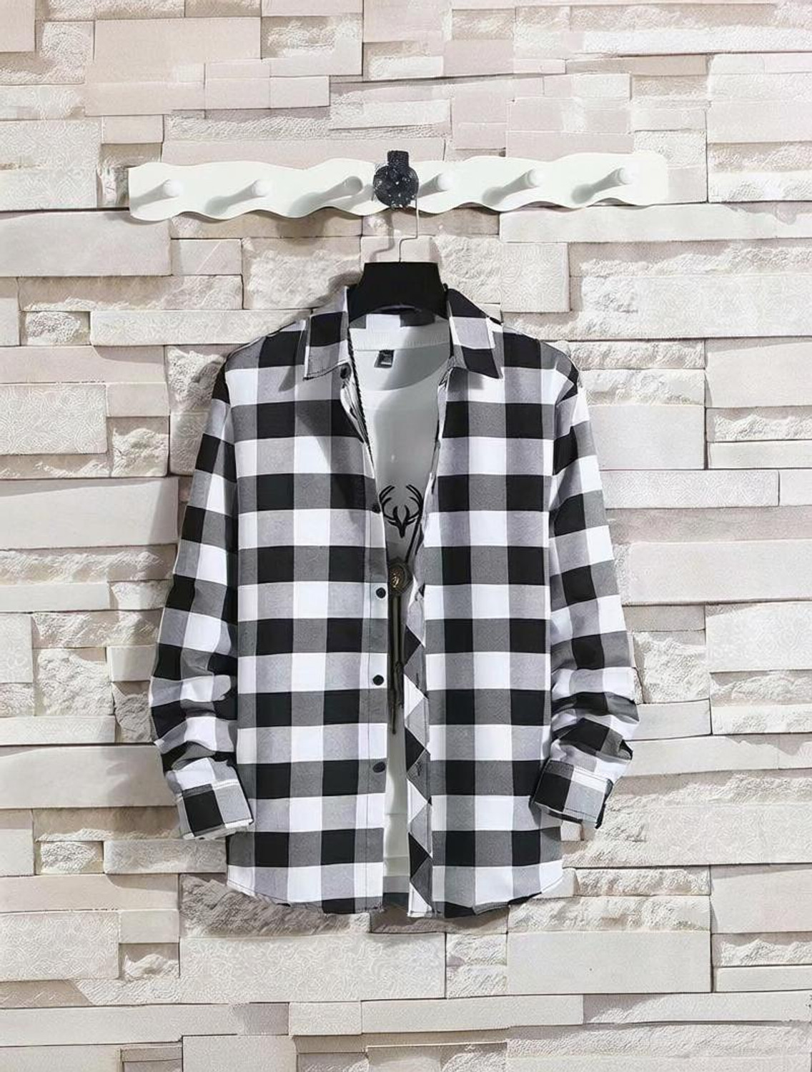 Image of Tkgfashion Men Checkered Casual Black, White Shirt