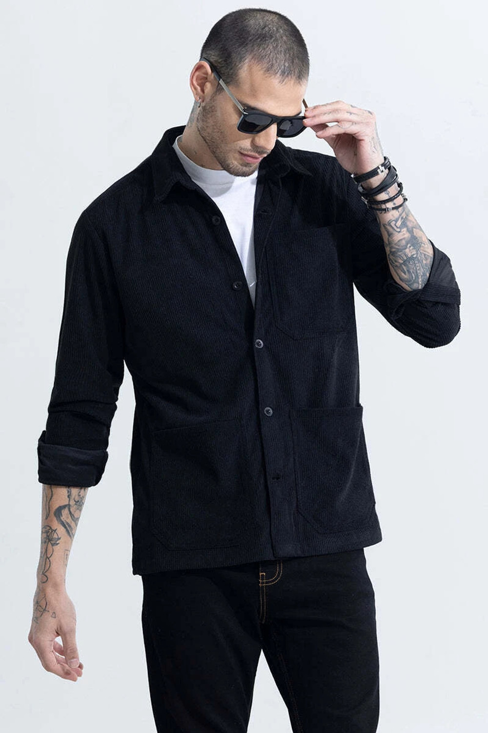 Image of Snitch Men Solid Casual Black Shirt