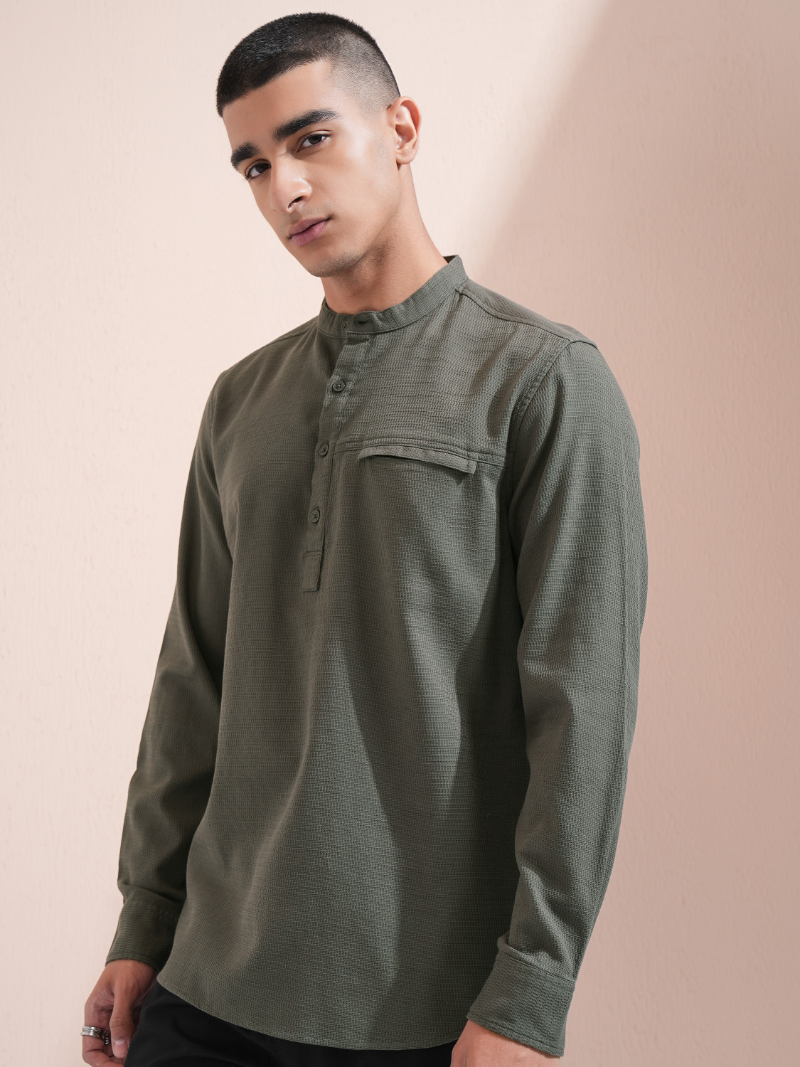 Image of HIGHLANDER Men Self Design Casual Green Shirt