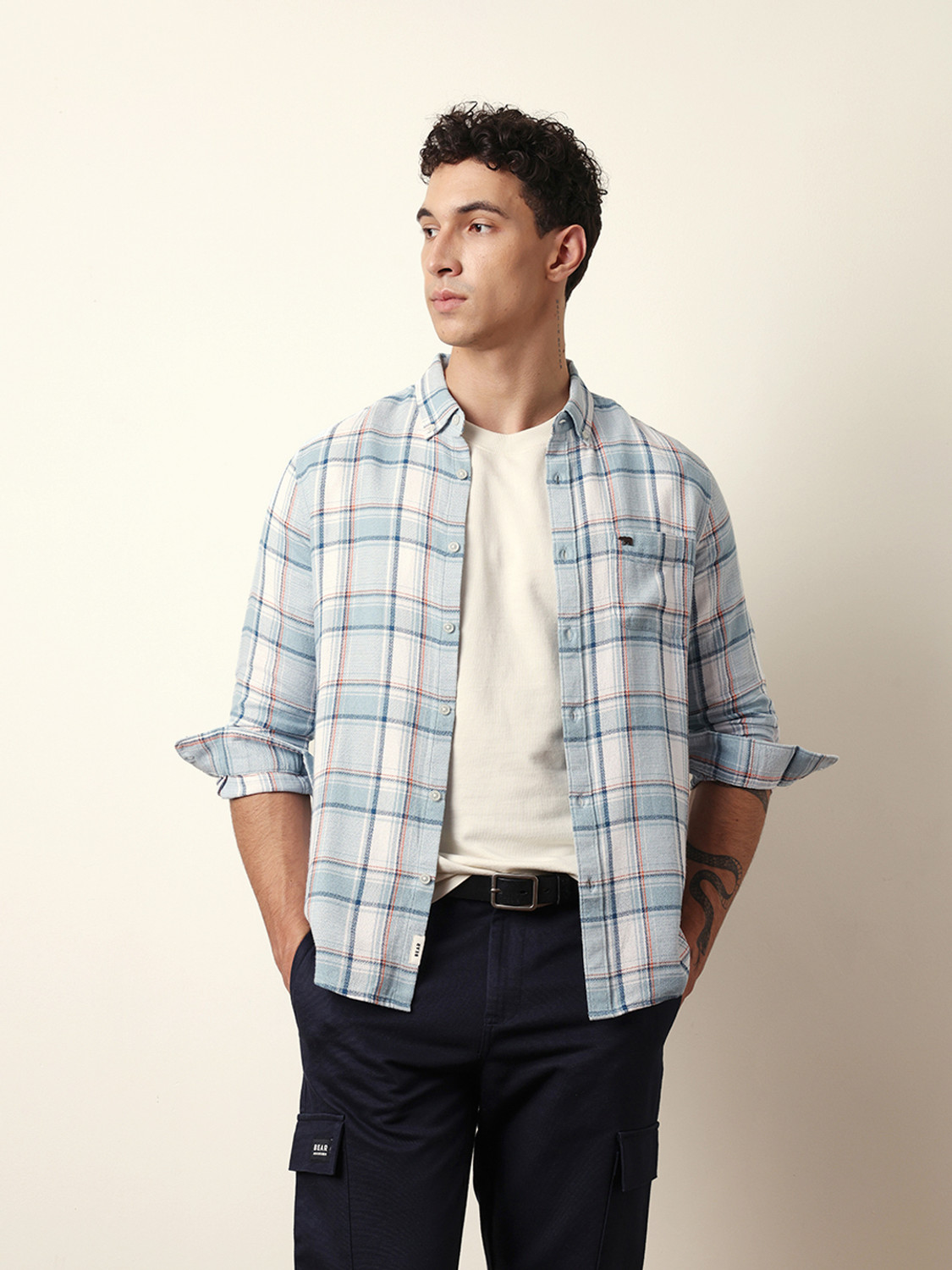 Image of THE BEAR HOUSE Men Checkered Casual Blue Shirt