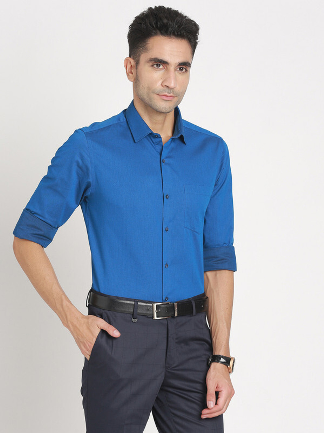 Image of TURTLE Men Solid Formal Blue Shirt