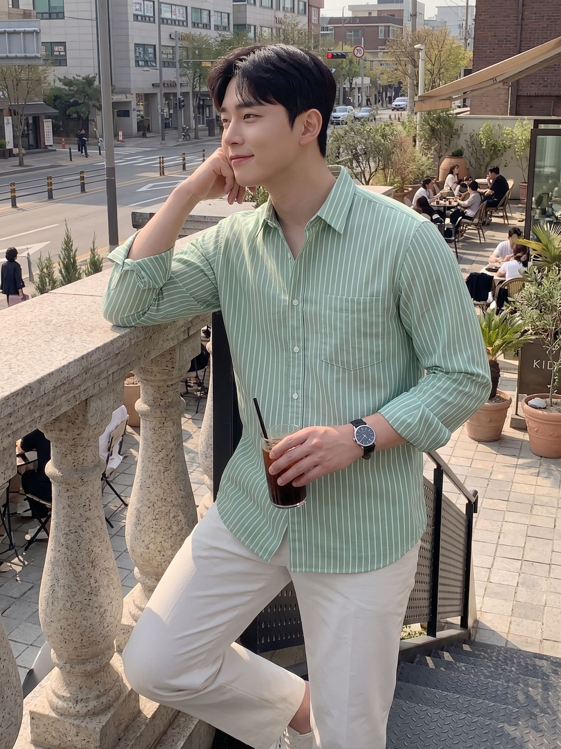 Image of indossare Men Striped Casual Light Green Shirt
