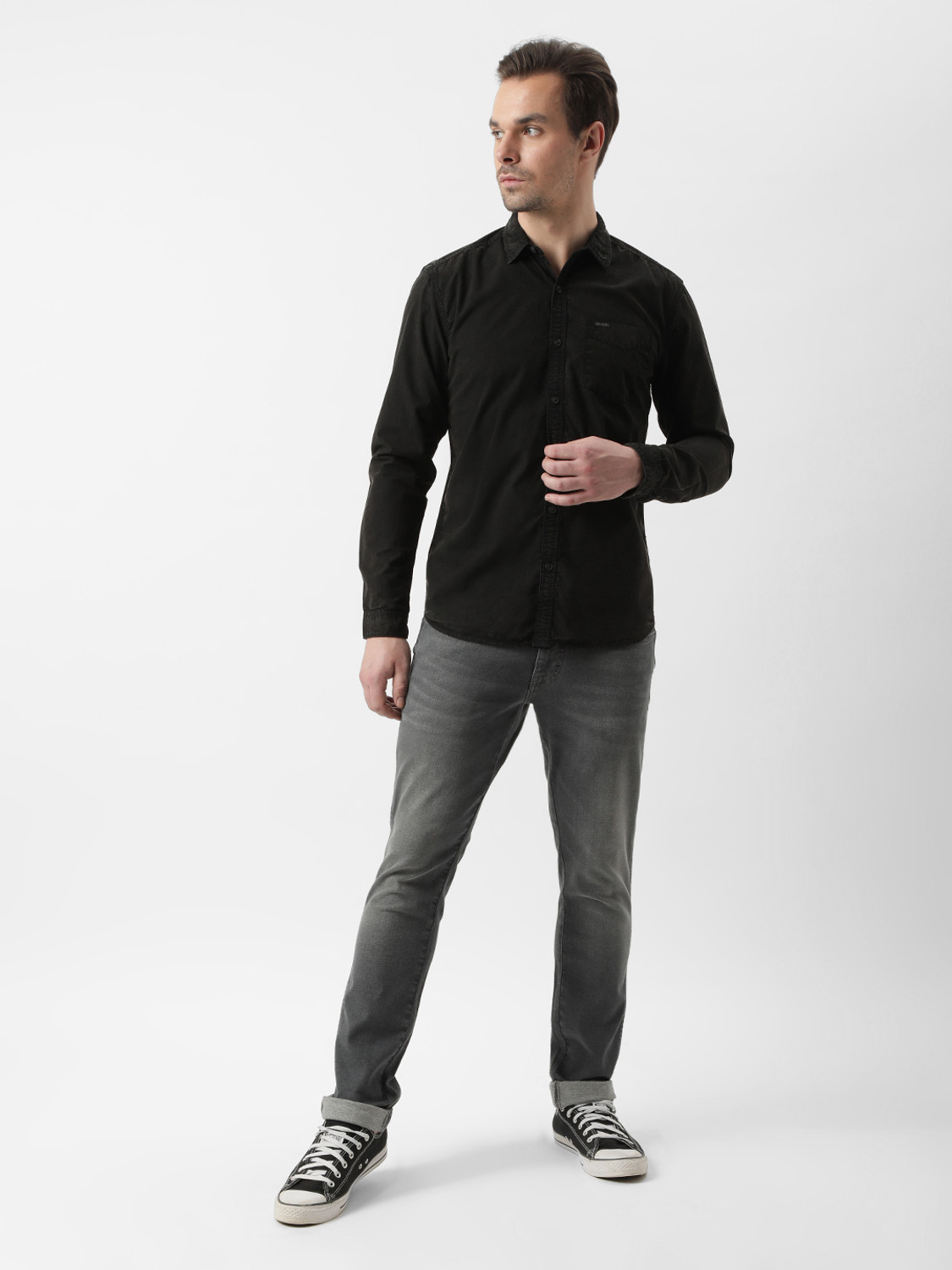 Image of Wrangler Men Solid Casual Black Shirt